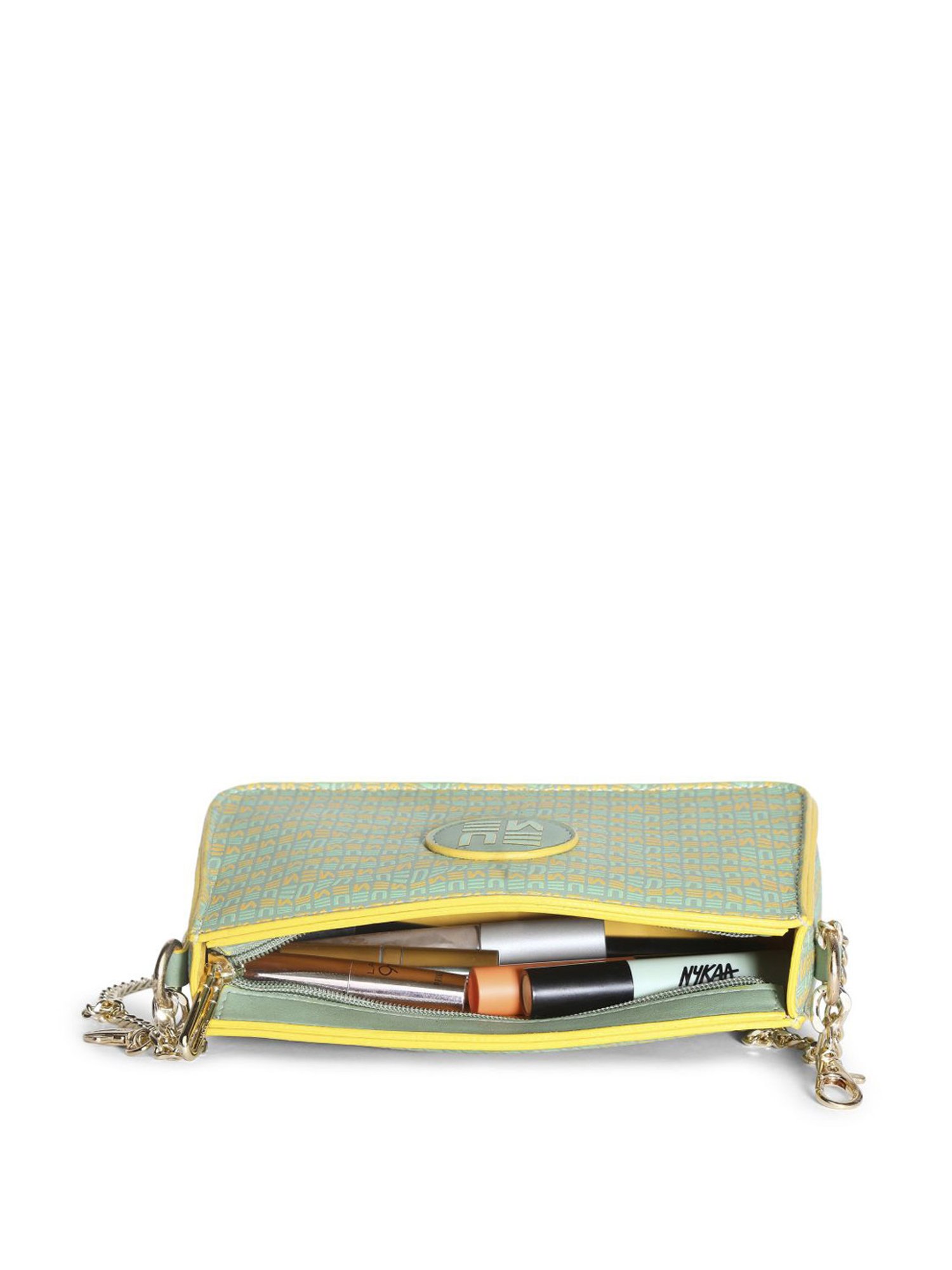 Eume Dragonfly Basil Green Leather Printed Double Sling Handbag with Pouch