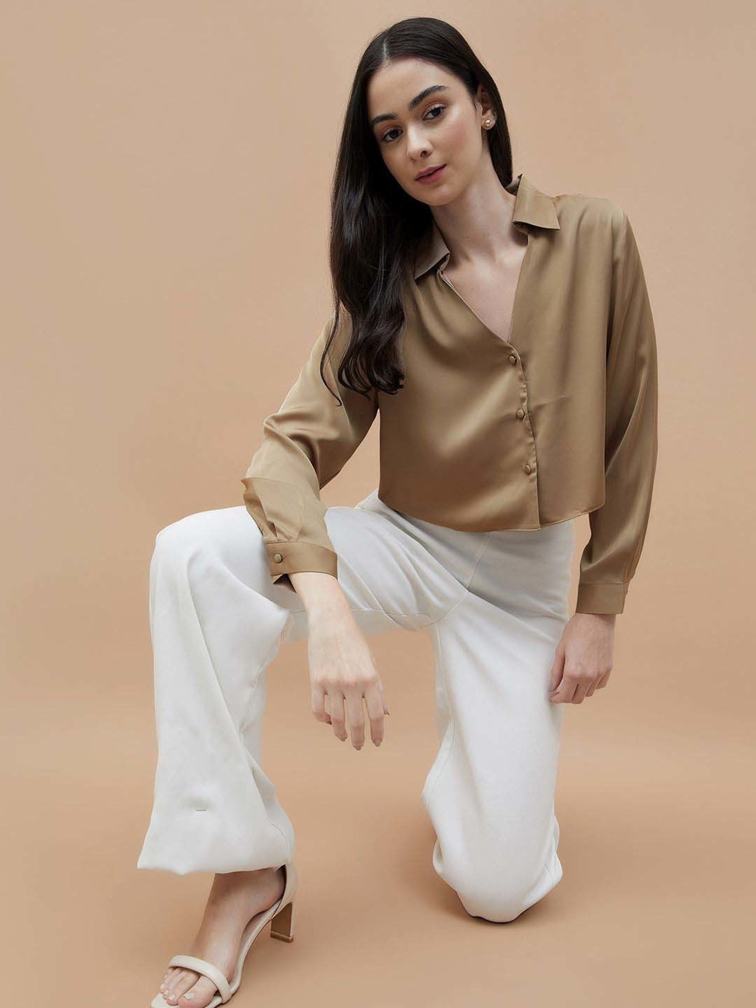 Ginger by Lifestyle Brown Regular Fit Crop Shirt