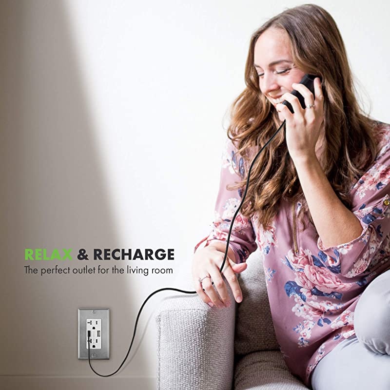 48A High Speed USB Outlet Charger with Stainless Steel Decorator Wall Plate 24W 20A TamperResistant Receptacle UL Listed TU22048AWWP7731 White