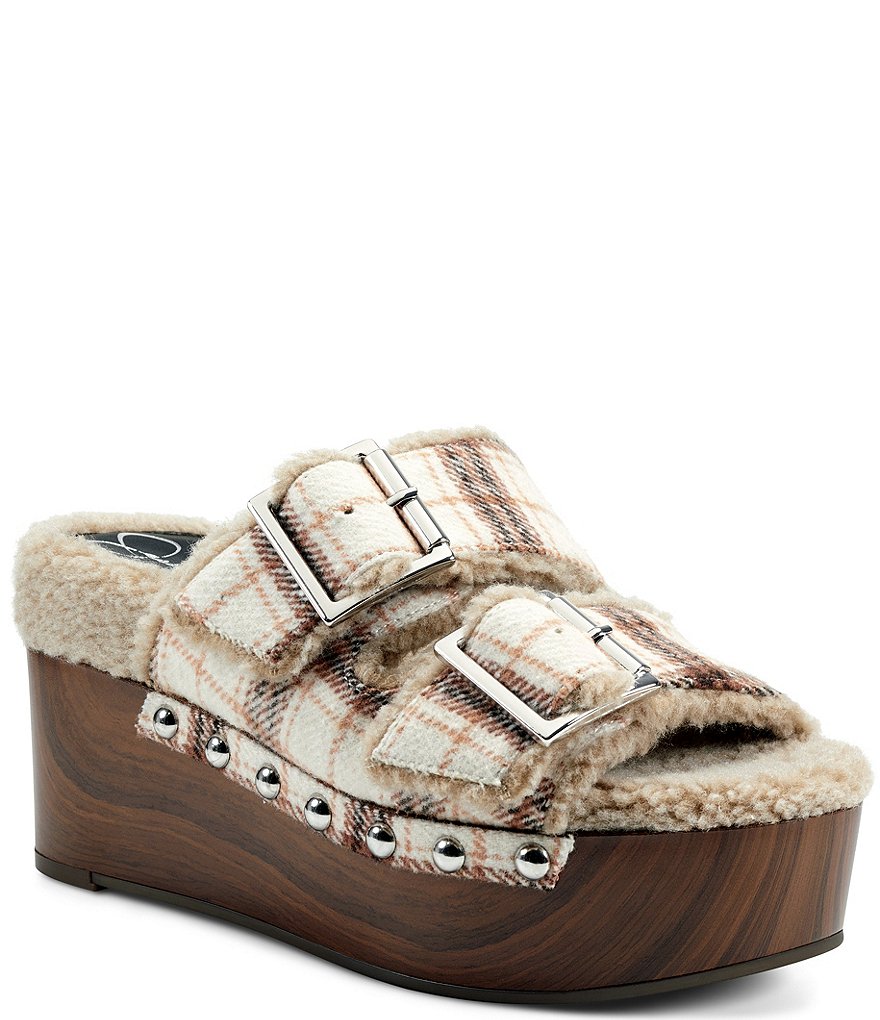 Jessica Simpson Cyriss Plaid Faux Shearling Buckle Wedges