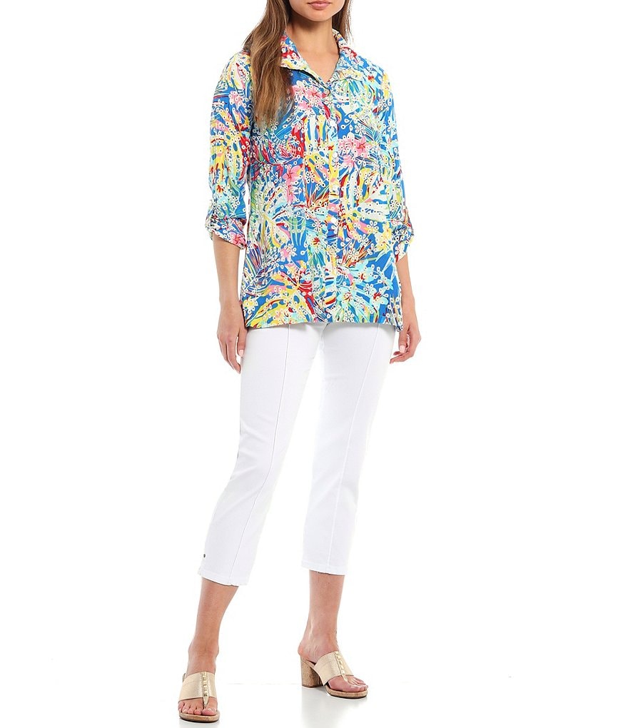 John Mark Floral Embroidered Eyelet Button Front Tunic