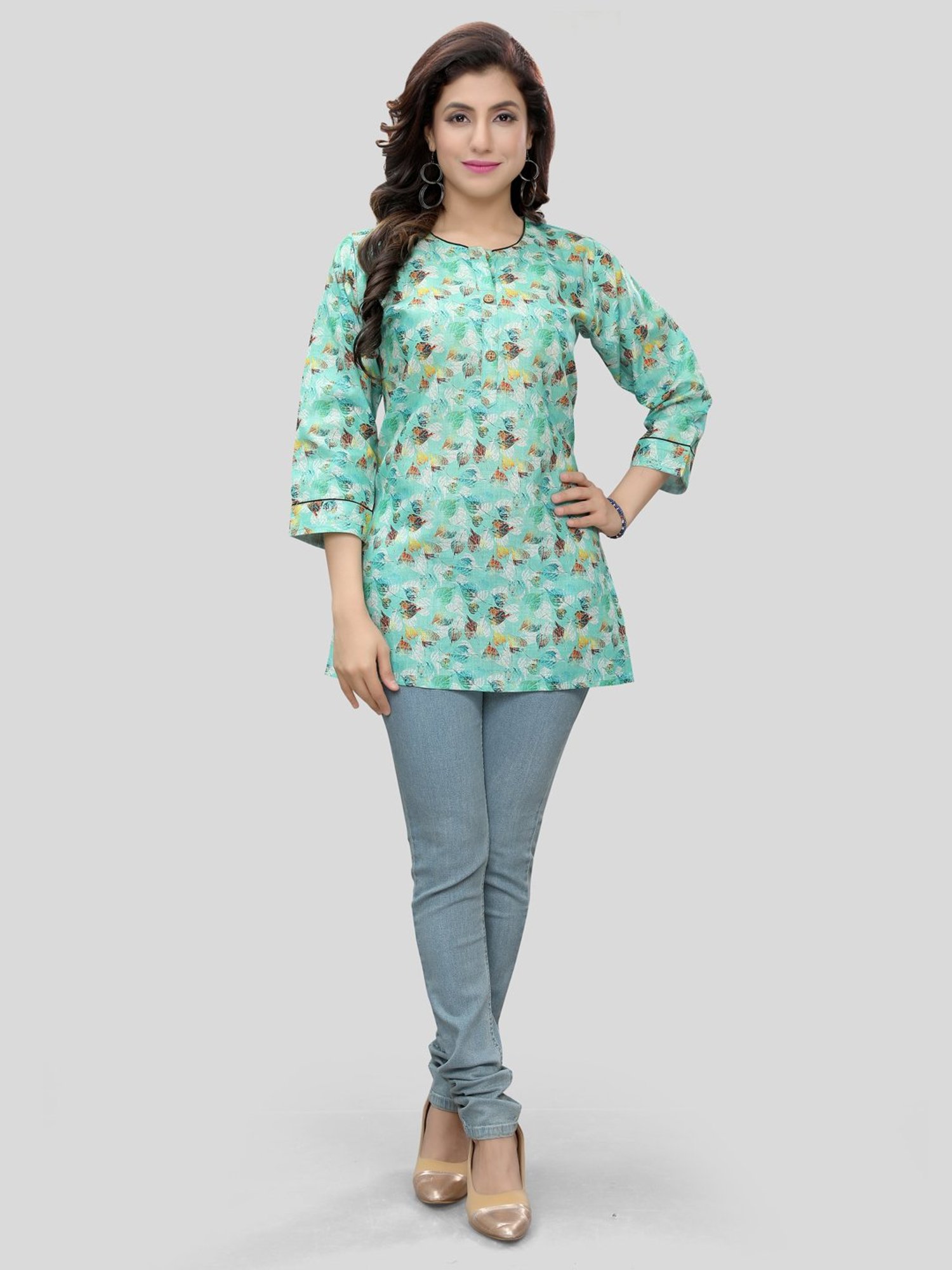 Saree Swarg Green Printed A Line Short Kurti