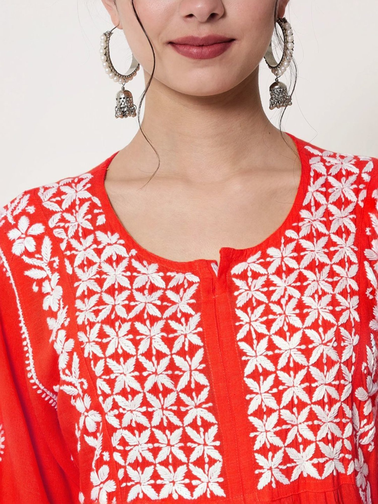 PARAMOUNT CHIKAN Red Hand Embroidered Chikankari A Line Kurta