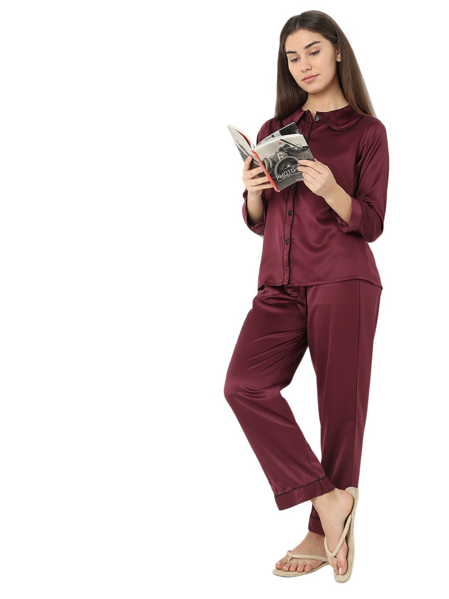 Smarty Pants Maroon Satin Shirt With Pyjamas