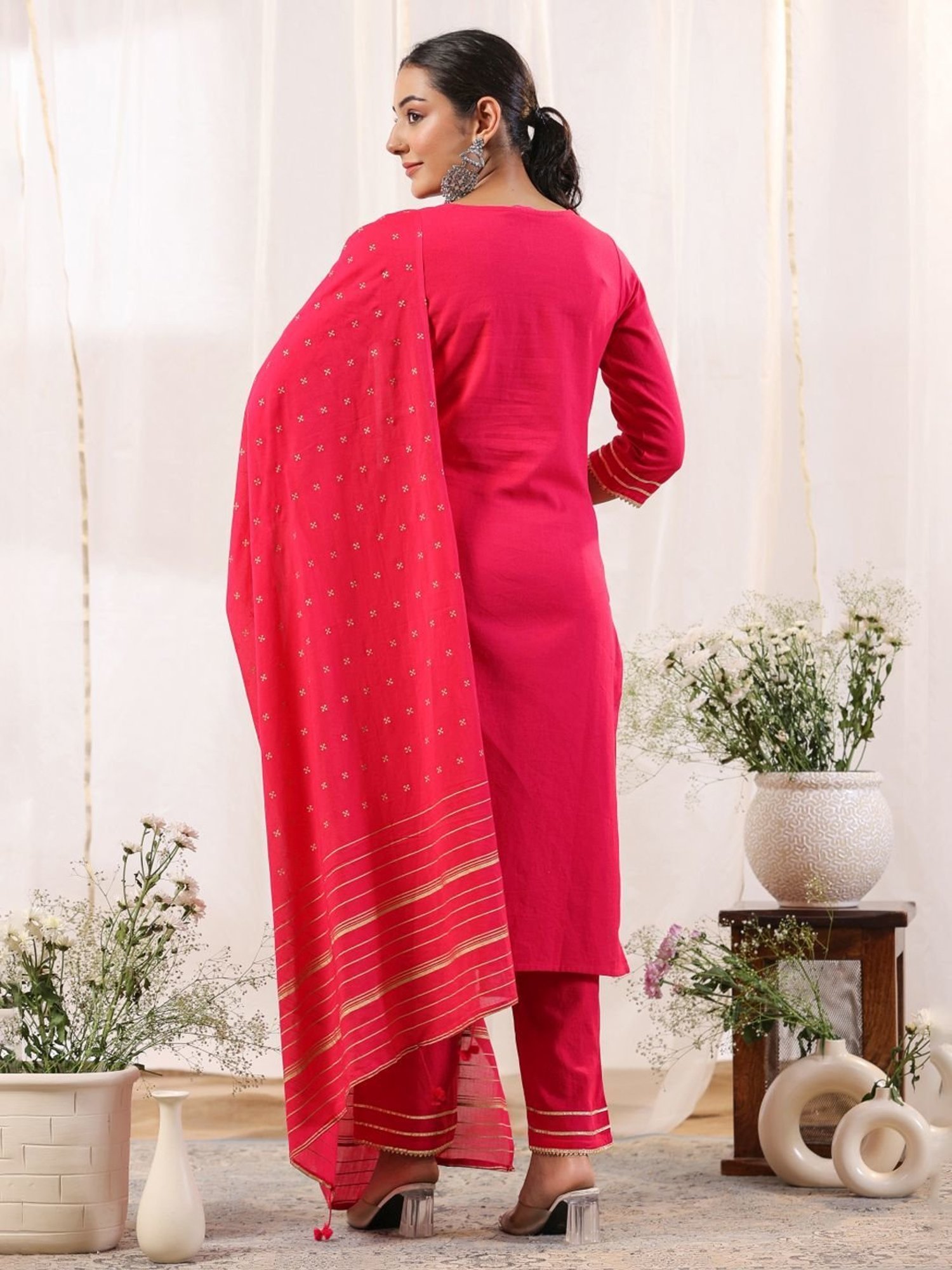 Anubhutee Pink Cotton Kurta Pant Set With Dupatta