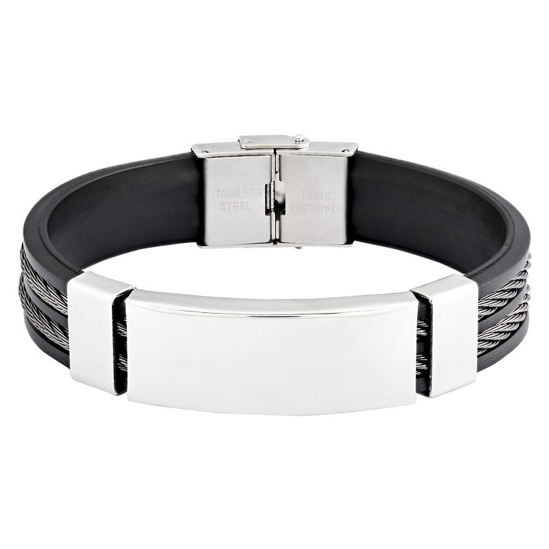 Men's Hematite Stainless Steel Cable Inlay ID Rubber Bracelet (15mm) - Black/Silver (8.5")