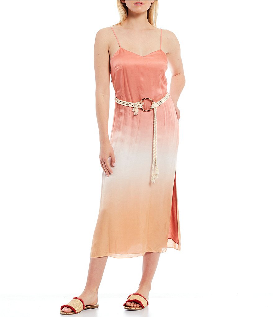 Chelsea & Violet Belted Dip Dye V-Neck Sleeveless Satin Cami Dress