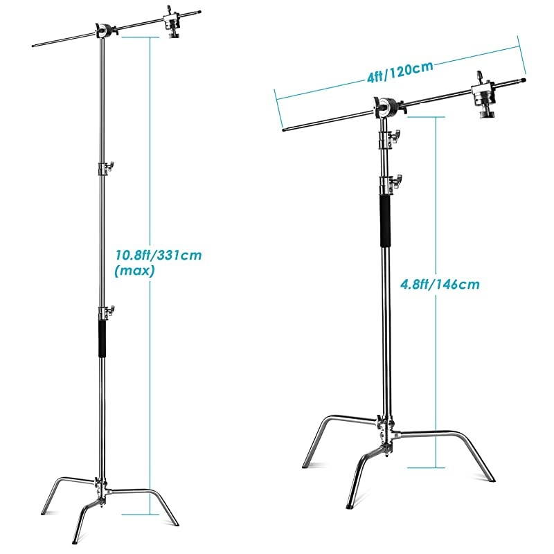 Pro 100% Stainless Steel Heavy Duty C Stand with Boom Arm - Max Height 11ft/331cm Photography Light Stand with 4ft/120cm Holding Arm, 2 Grip Head for Studio Monolight, Softbox, Reflector