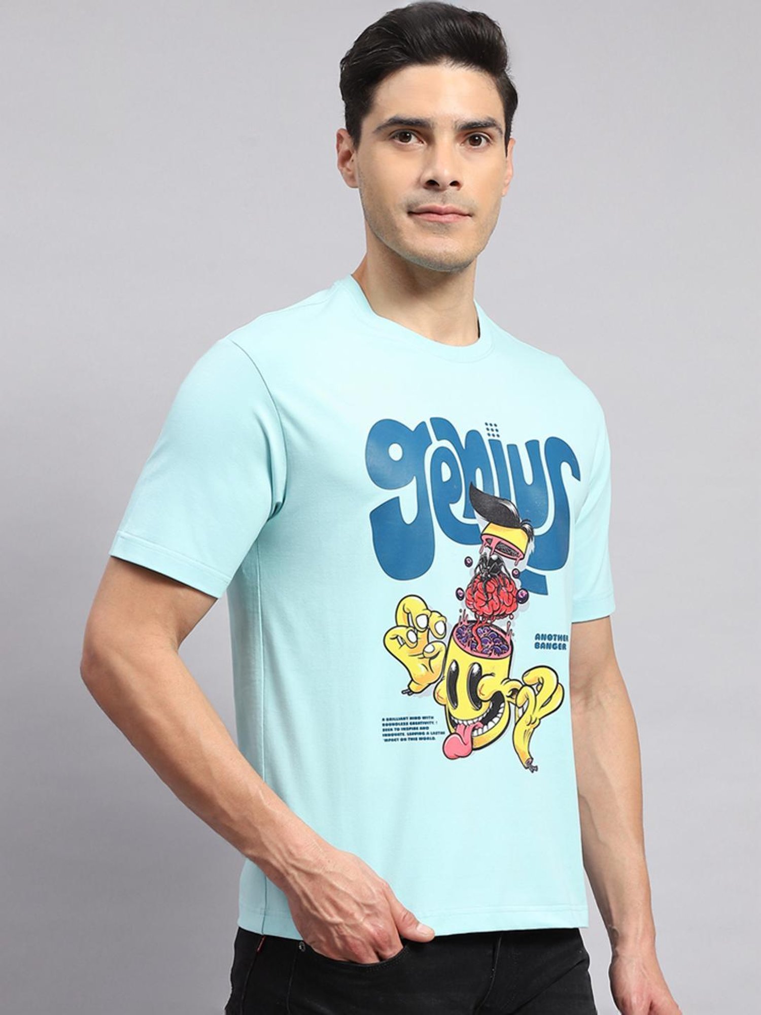 Rock.it Turquoise Blue Cotton Regular Fit Printed T-Shirt