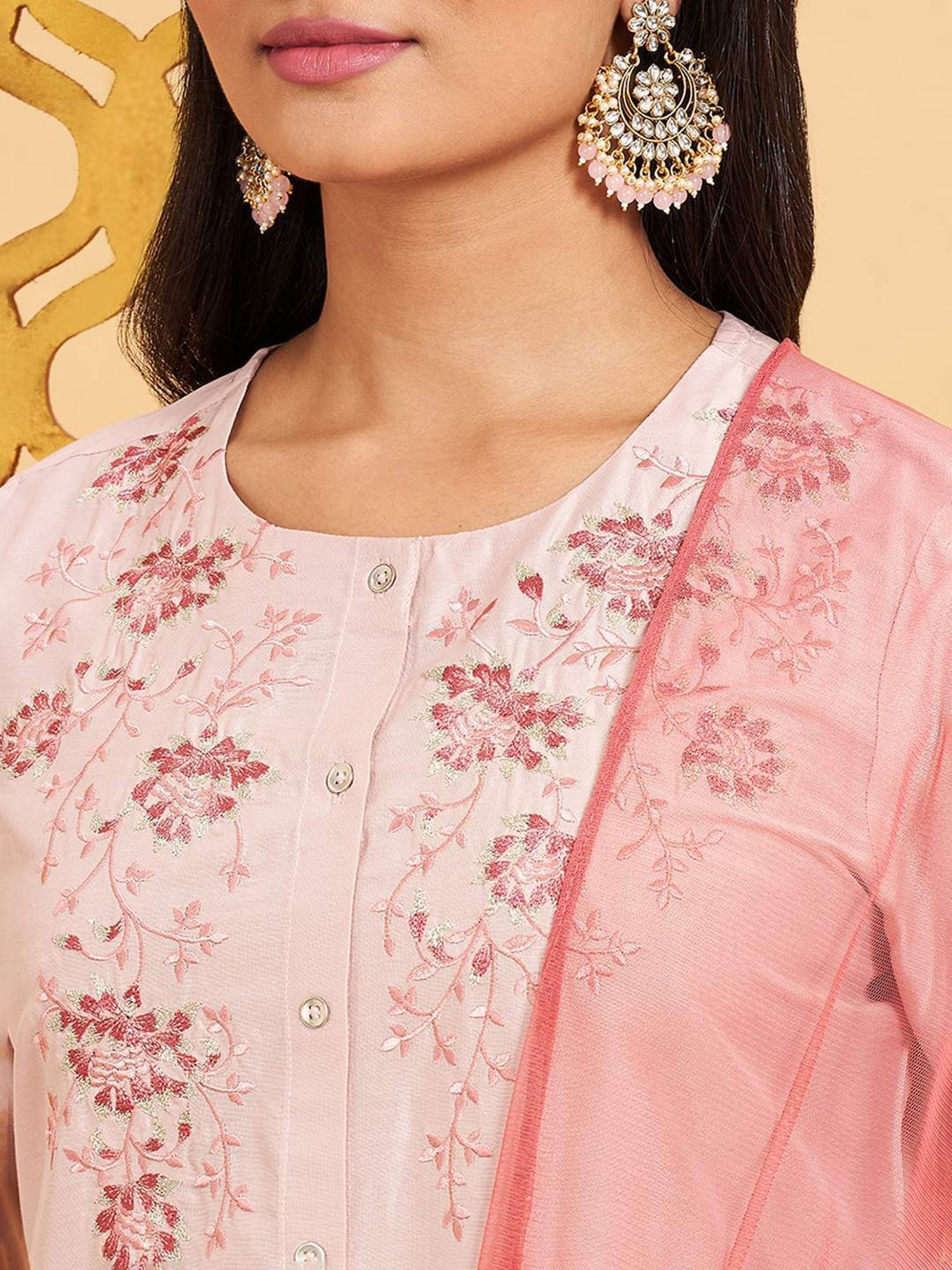 Rangmanch by Pantaloons Peach Embroidered Kurta Palazzo Set With Dupatta