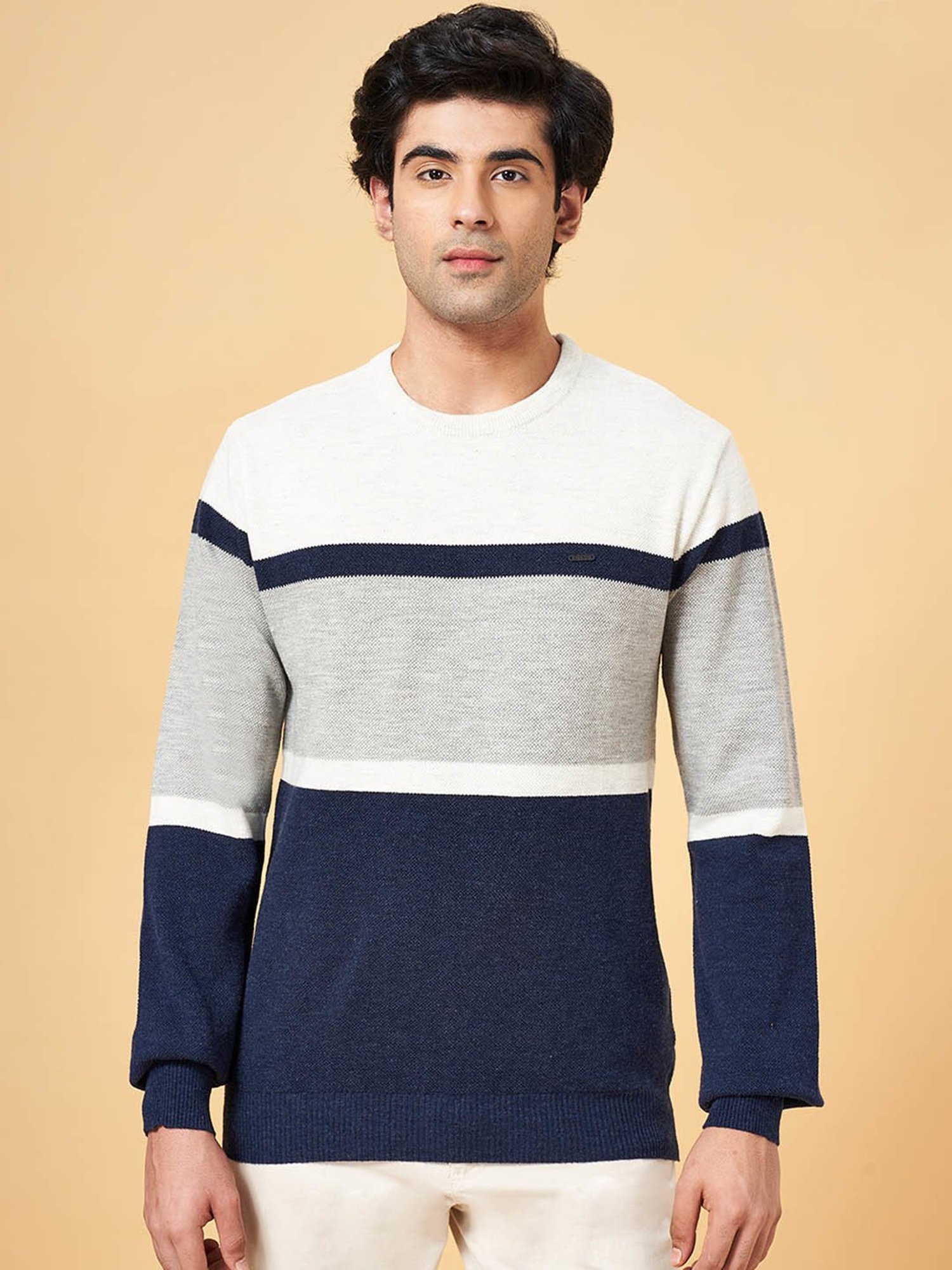 Byford by Pantaloons Blue Slim Fit Striped Sweater