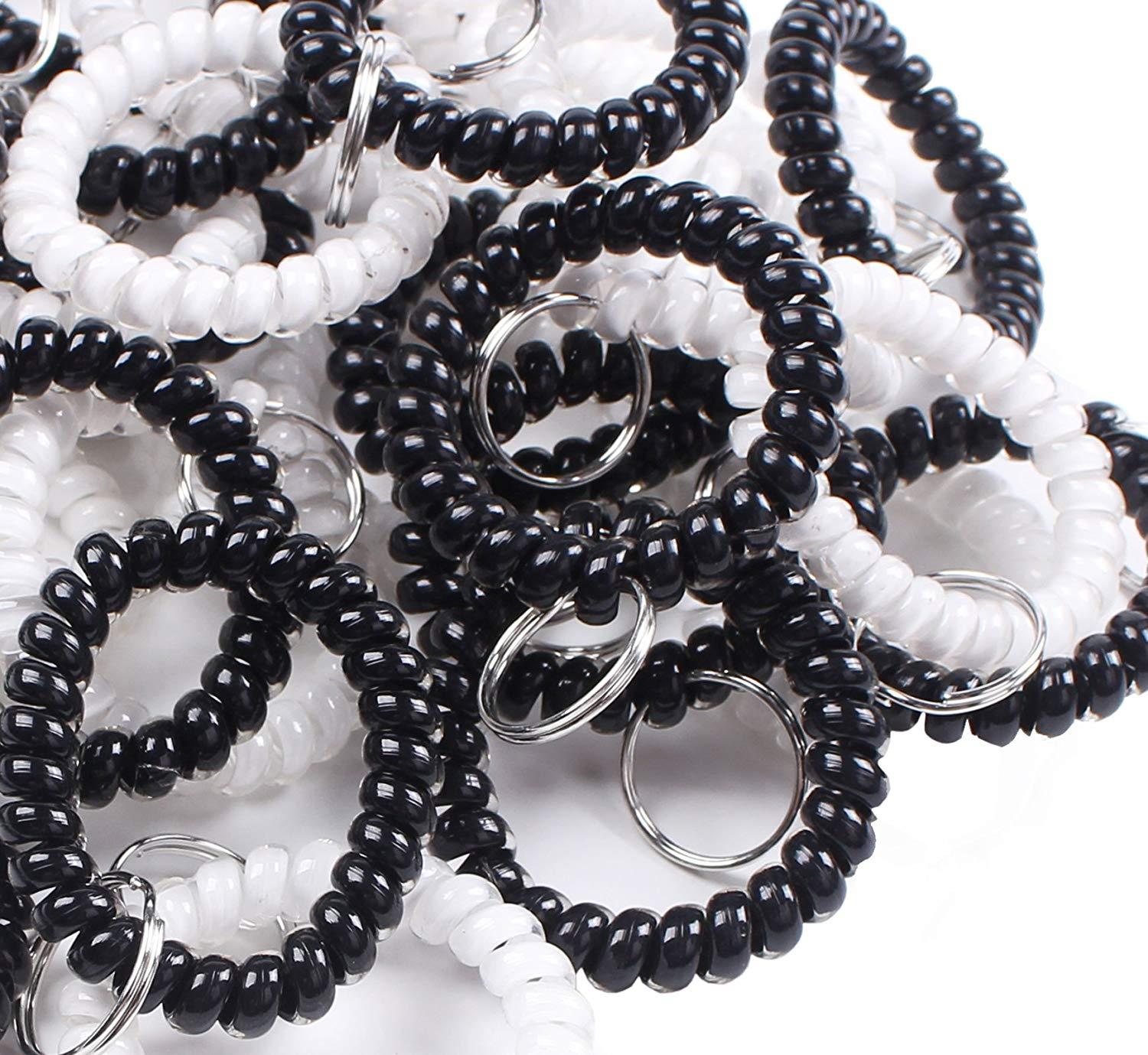 BIHRTC Pack of 30 Black White Plastic Stretchable Spring Coil Key Chain Key Ring Spiral Telephone Wire Cord Wristband for Office, Workshop, Shopping Mall, Sauna and Outdoor Activities Place