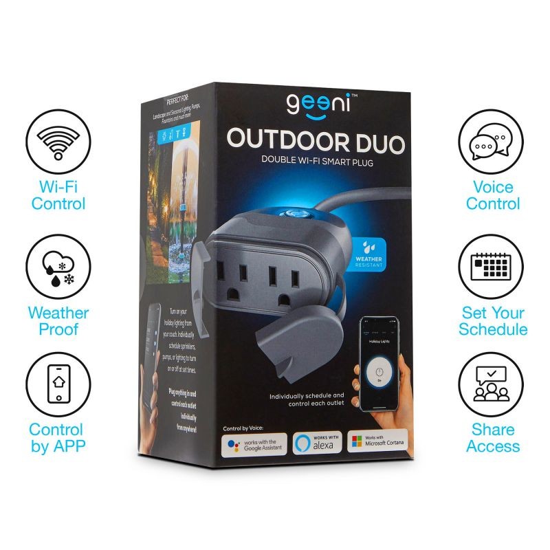 Geeni Outdoor Smart Plug, Weatherproof WiFi Outdoor Smart Outlet with 2 Sockets - No Hub Required, Outdoor Smart Plugs Works with Alexa Google Cortana Wireless Remote Control Timer by Smartphone APP