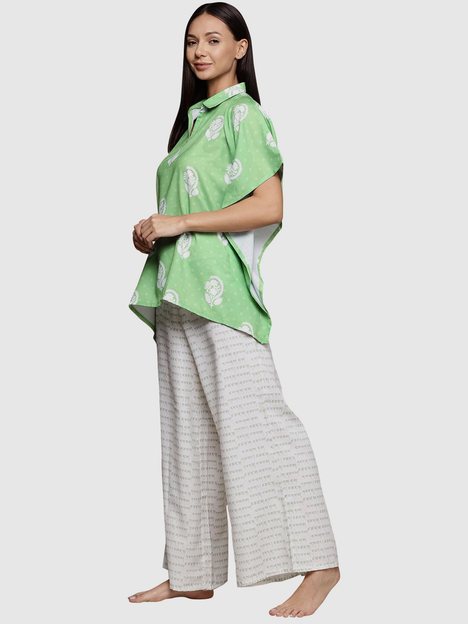 Ziyaa Green & White Printed Kaftan Pyjama Set