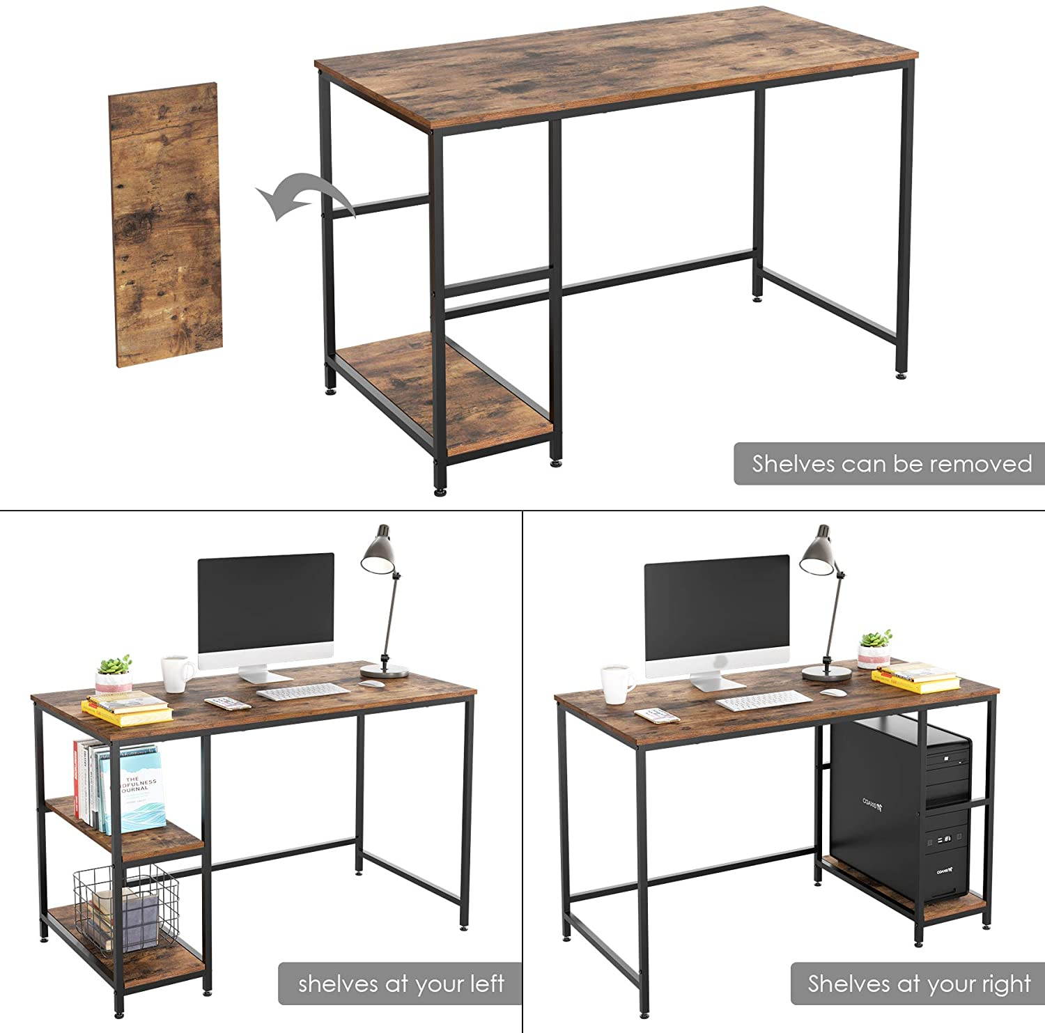 Computer Desk with 2 Shelves, 47 in Length Study Writing Table, 2-in-1 Large Office Desk with Metal Legs, Adjustable feet, Modern Furniture for Home Office, Study Room-Rustic Brown