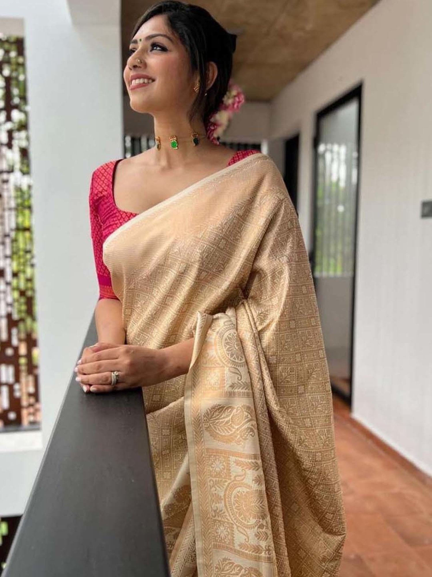 SHUBHKALA Beige Silk Woven Saree With Unstitched Blouse