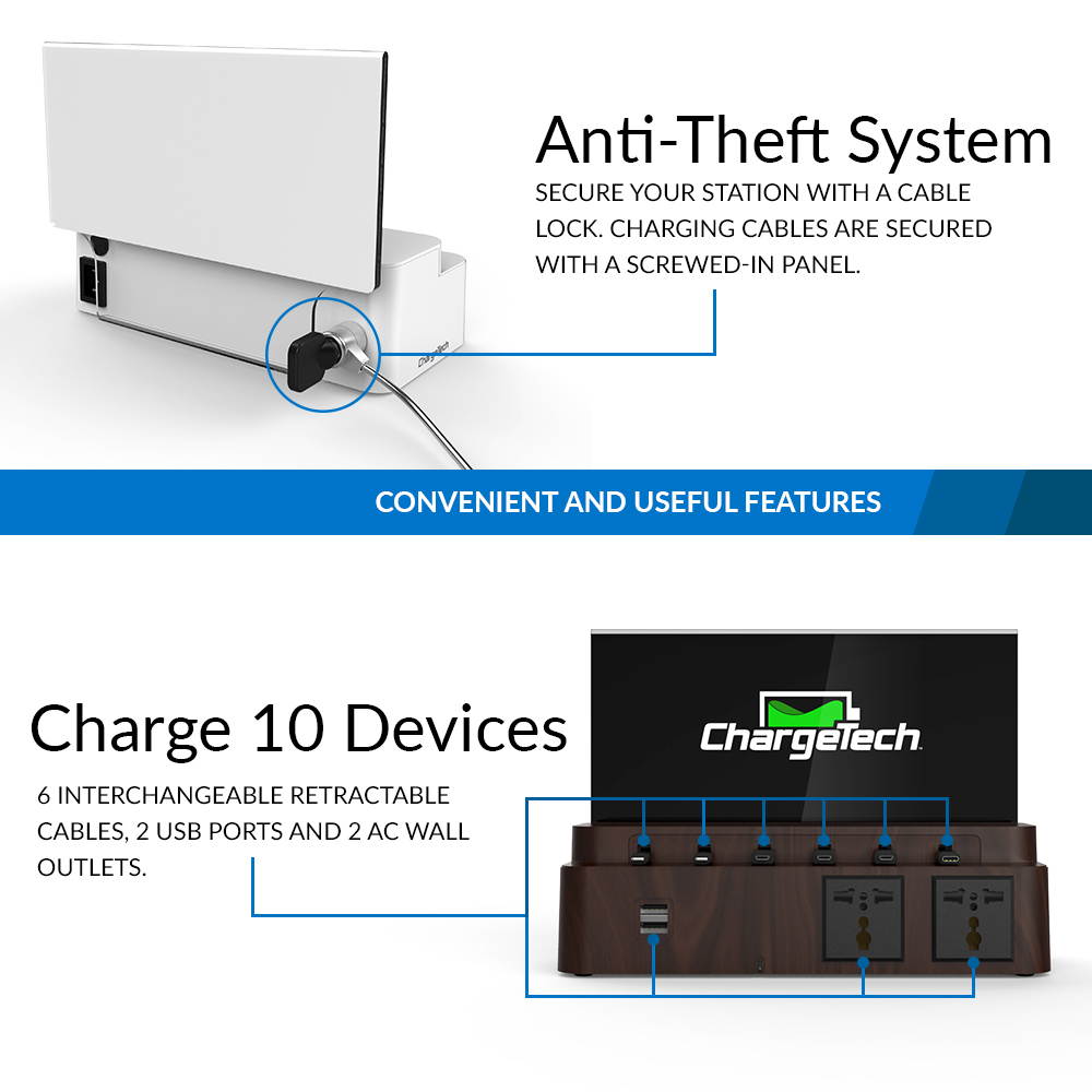 ChargeTech Power Strip Charging Station for Desktop, (6) Retractable Cables, (2) USB Ports, (2) AC Outlets (CS8)