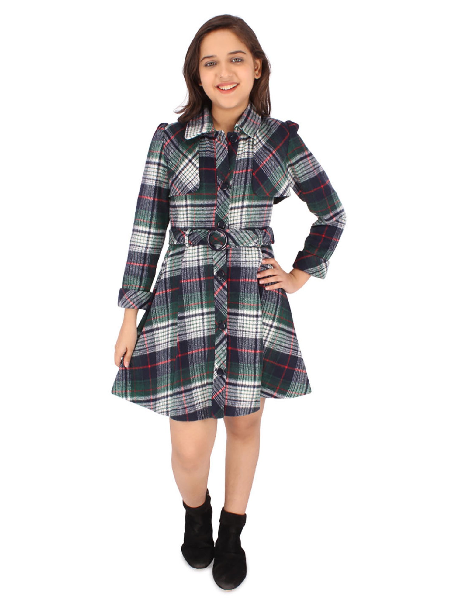 Cutecumber Kids Navy Checks Full Sleeves Shirt Dress with Belt