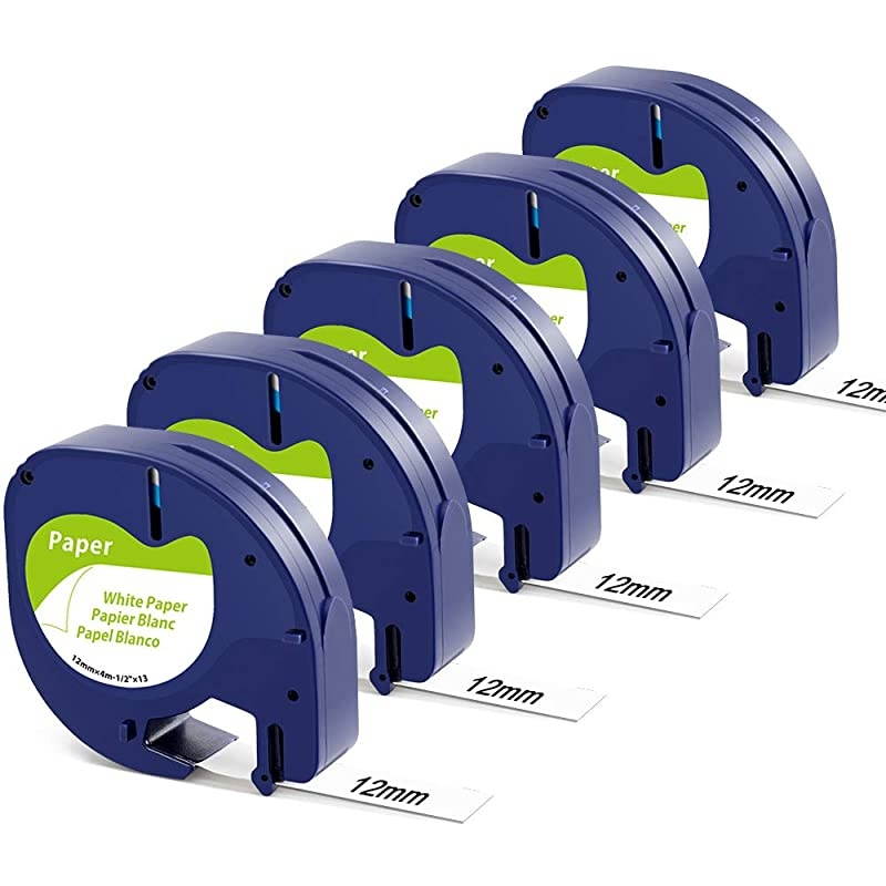 Compatible for Dymo LetraTag Refills 91330 Black on White, Dymo Letratag Label Tape 12mm x 4m Use for DYMO LetraTag Plus LT100H LT100T QX50 XR, XM, 2000 Label Makers, 5-PK