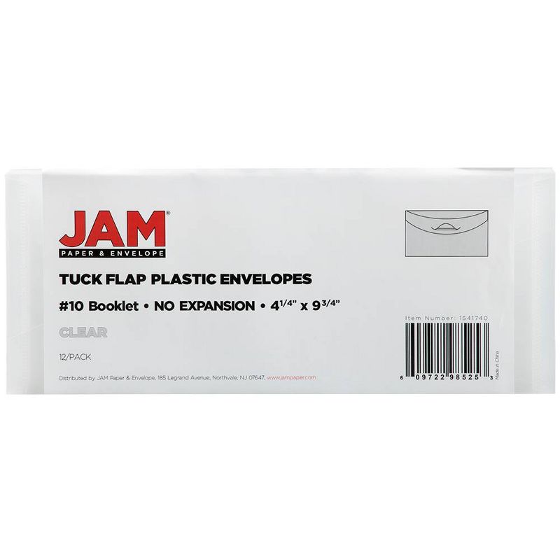JAM Paper 12pk 4 1/4''"x9 3/4'' Plastic Envelopes with Tuck Flap Closure - Clear