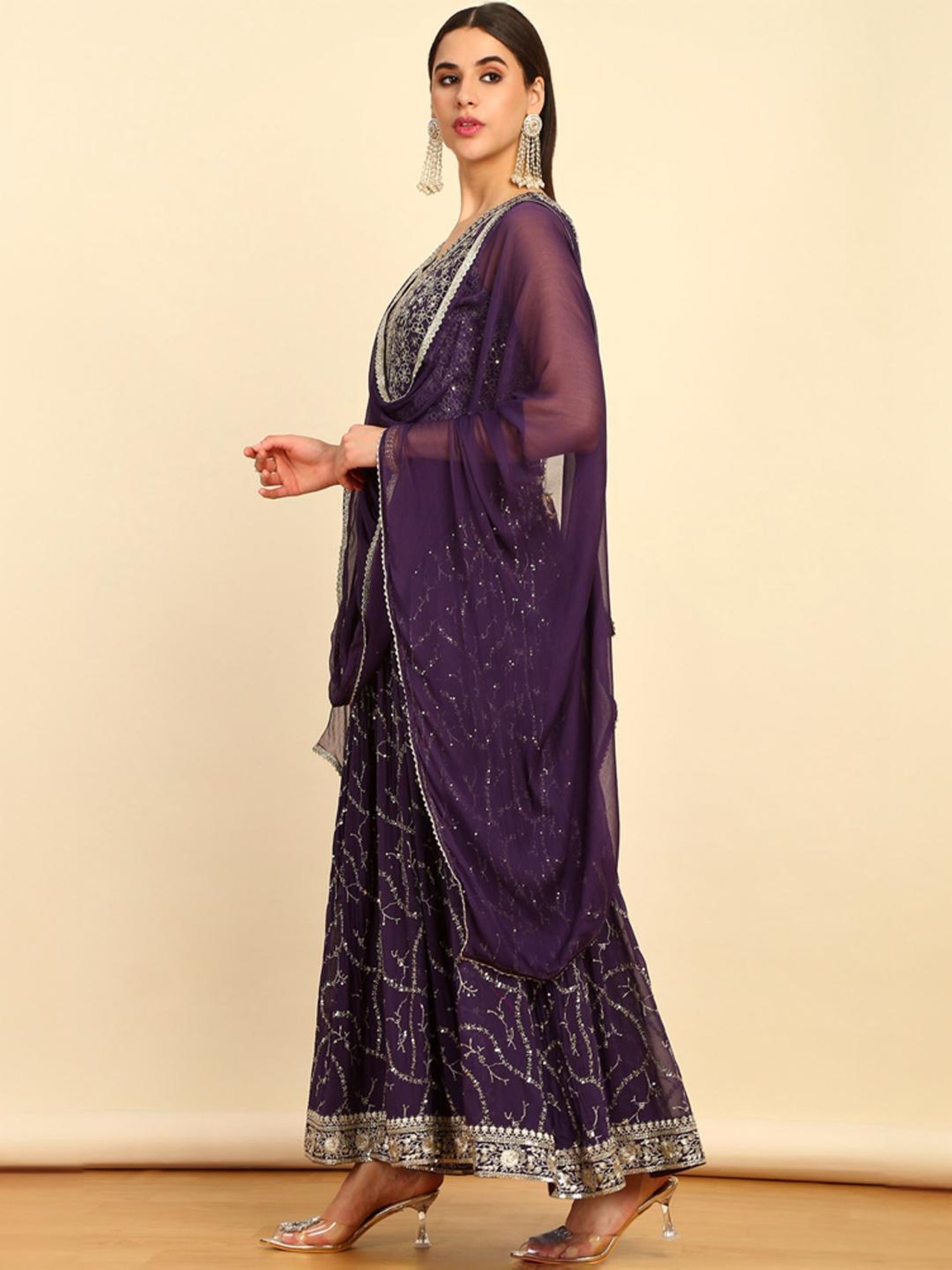 Soch Womens Purple Sequinned Embellished Georgette Jumpsuit With Dupatta