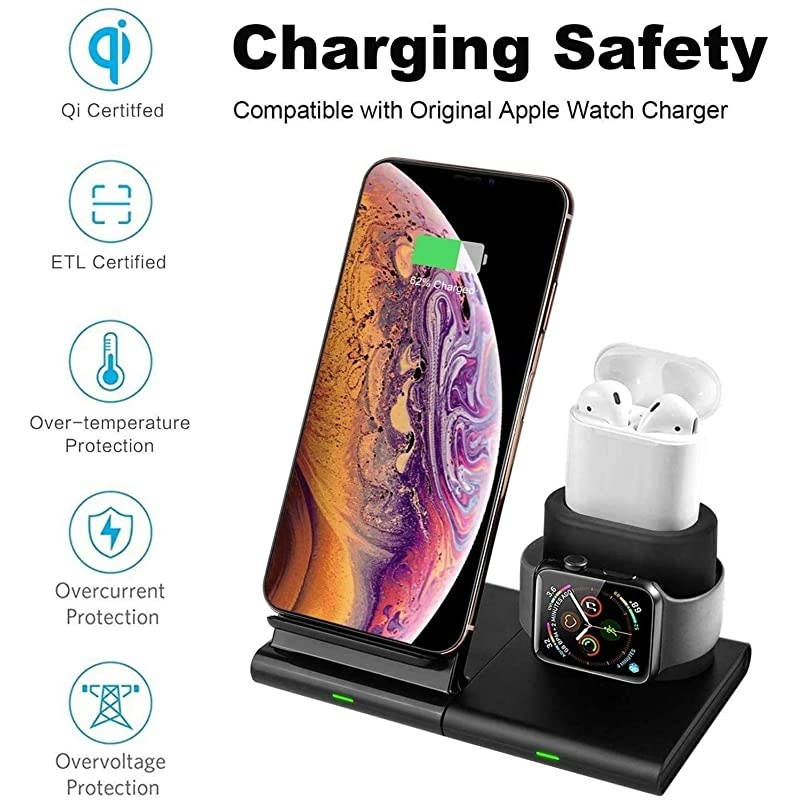 Wireless Charger, 3 in 1 Wireless Charging Station Dock for iPhone 12 Pro Max/12 Mini/11/XR/XS/X/8/8 Plus, Charging Stand for AppIe Watch Series 6/SE/5/4/3/2, AirPods Pro/2 (with QC Adapter)