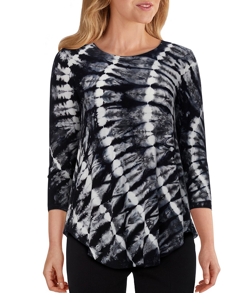 Ruby Rd. Sunburst Tie-Dye Print Round Neck 3/4 Sleeve Knit Top