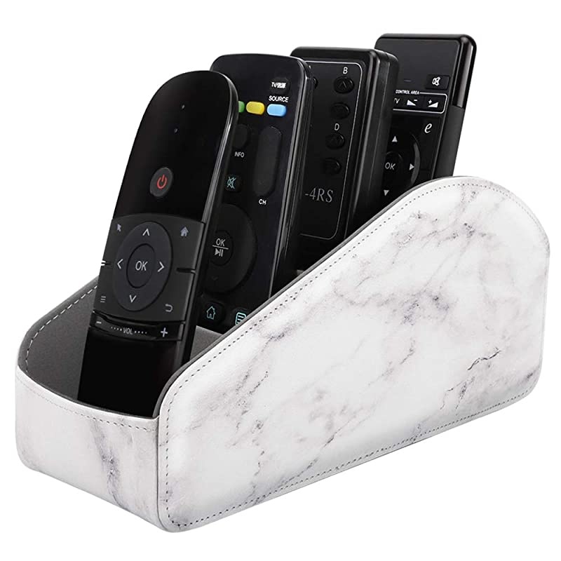 Remote Control Holder Leather TV Remote Organizer Remote Caddy Desktop Organizer 5 Compartments for Remote Controllers Office Supplies Media Accessory Storage Organizer Marble White