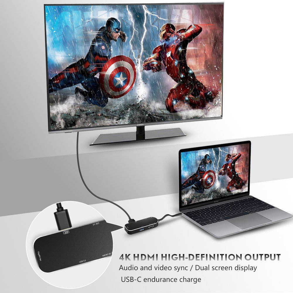 USB C Hub,SILIFUN 7 in 1 Thunderbolt 3 Type C Adapter USB C to USB 3.0 Macbook adapter with Gigabit Ethernet,4K HDMI,PD Power,SD/TF Card Reader,10 Gbps USB Extension Docking Hub for Macbook Pro(Black)