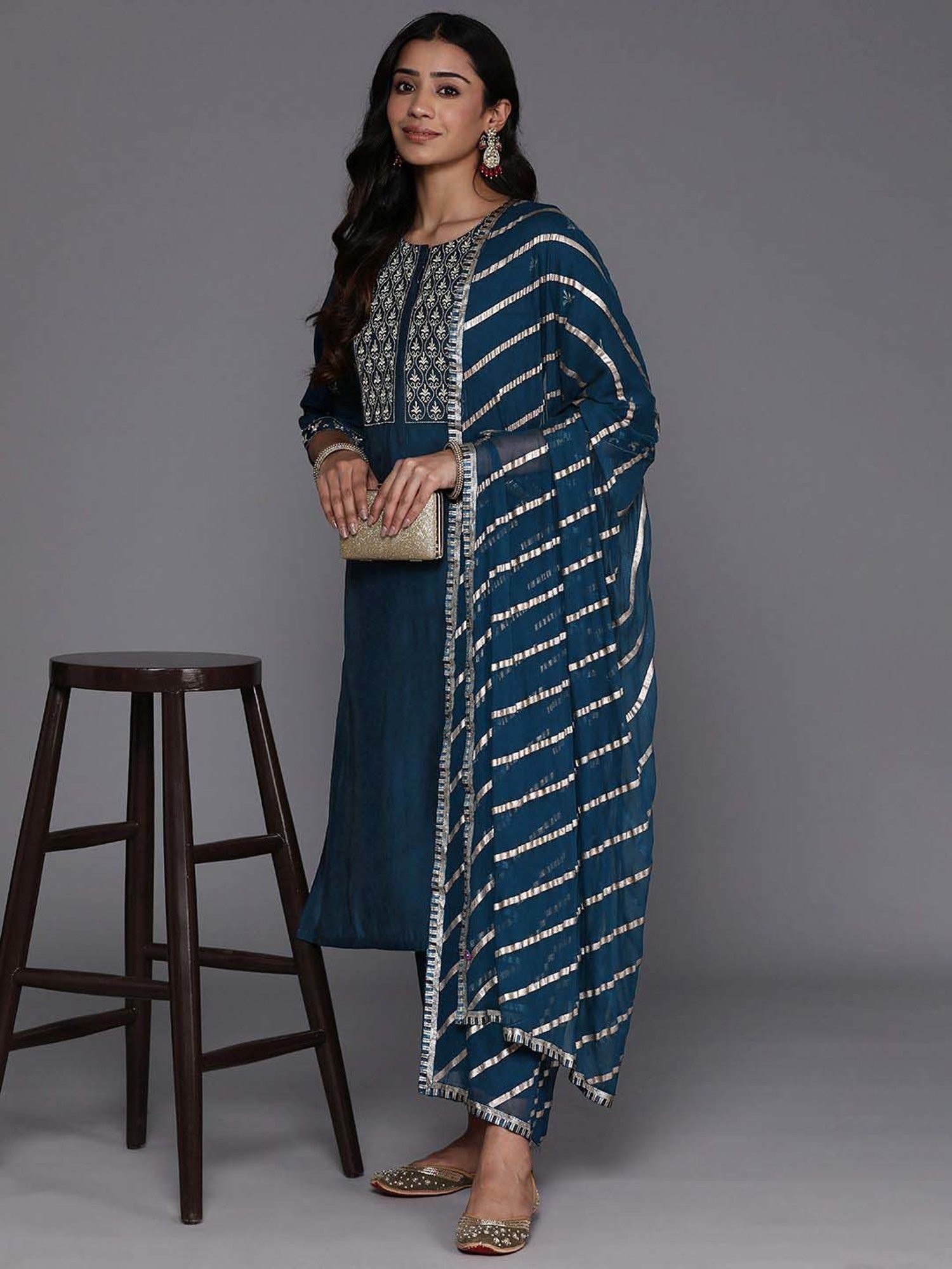 Libas Blue Embroidered Kurta Pant Set With Dupatta