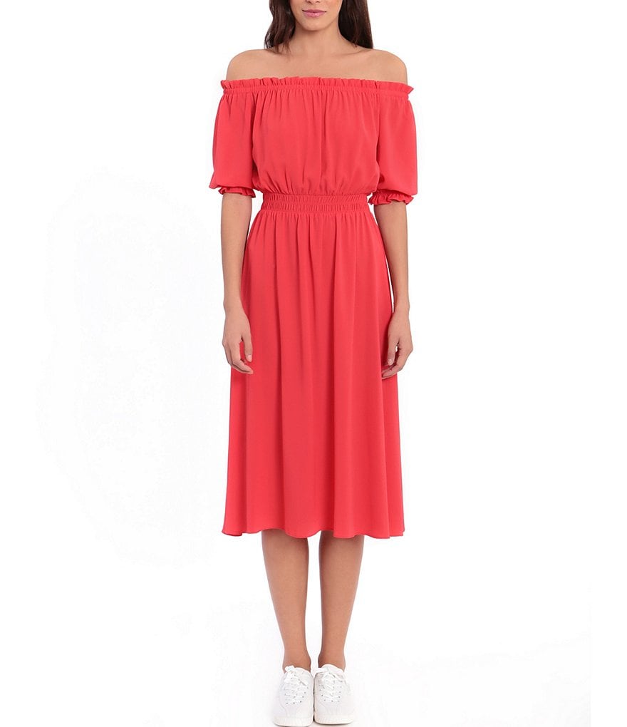 London Times Off-the-Shoulder Puff Sleeve Crepe Midi Dress