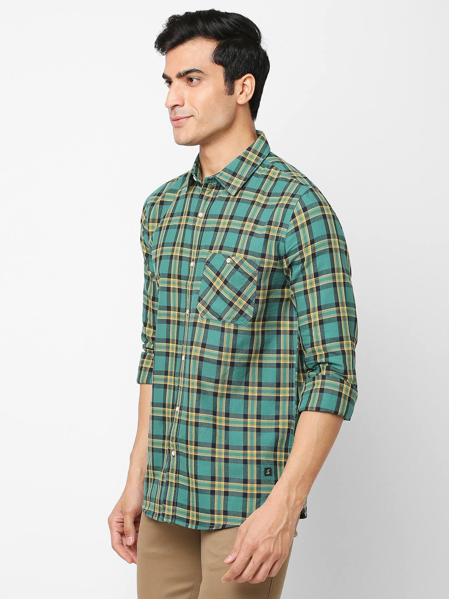 SOLEMIO Green & Yellow Cotton Slim Fit Checks Shirt