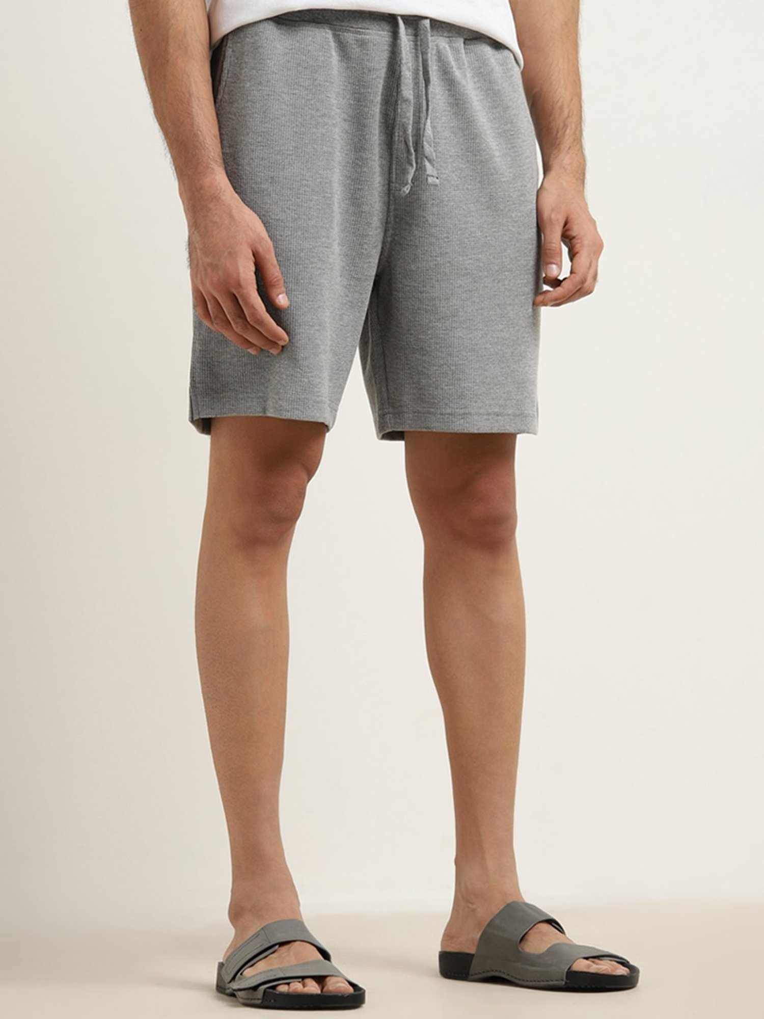 WES Lounge by Westside Grey Waffle Textured Relaxed-Fit Mid-Rise Shorts