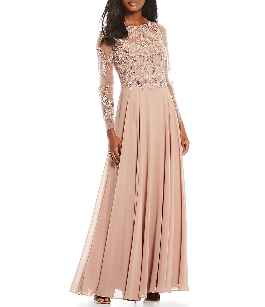 Xscape Jewel Neck Long Sleeve Beaded Bodice Chiffon Gown