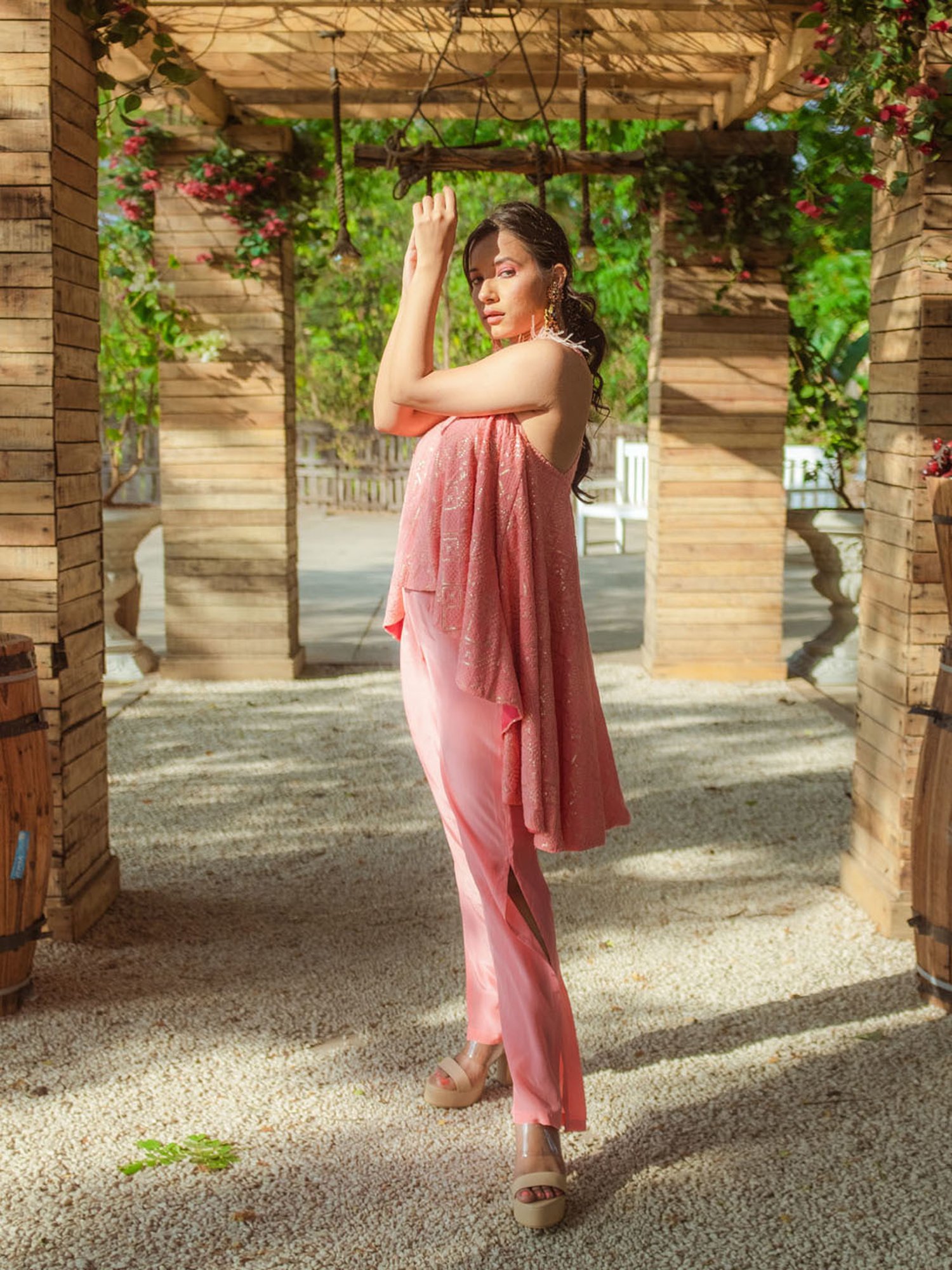 Monk and Mei Asin Chikankari High Low Top & Slit Pants