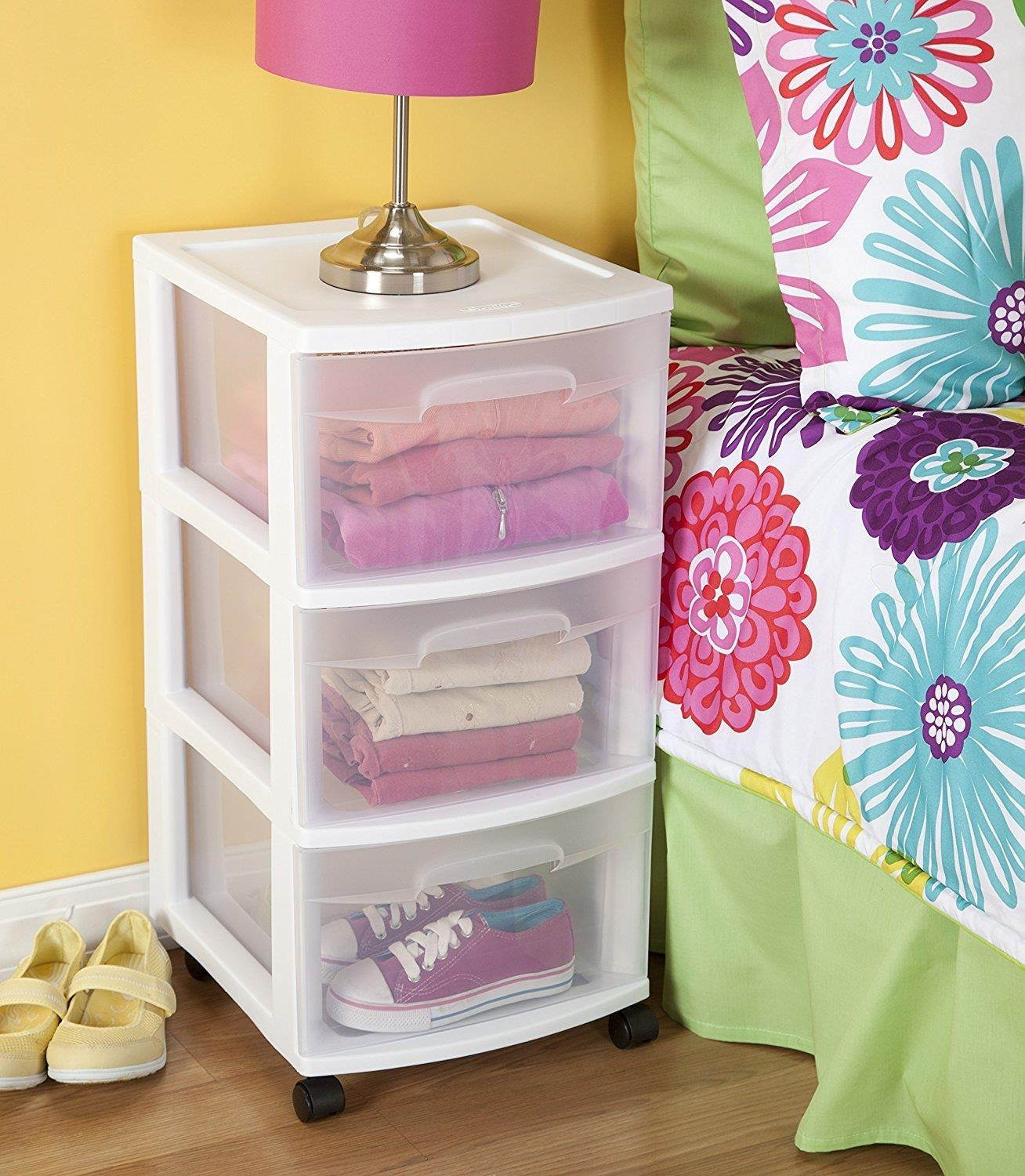 STERILITE 3 Drawer Cart, White Frame with Clear Drawers and Black Casters, (2-Pack)