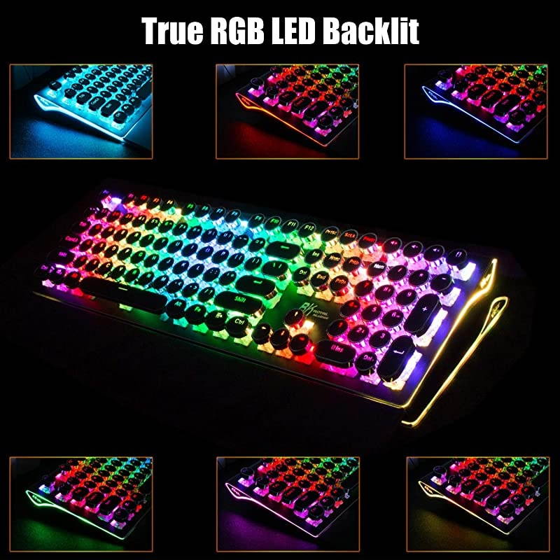 ROYAL KLUDGE Typewriter Style Mechanical Gaming Keyboard with True RGB Backlit Collapsible Wrist Rest 108-Key Blue Switch Retro Round Keycap, Black