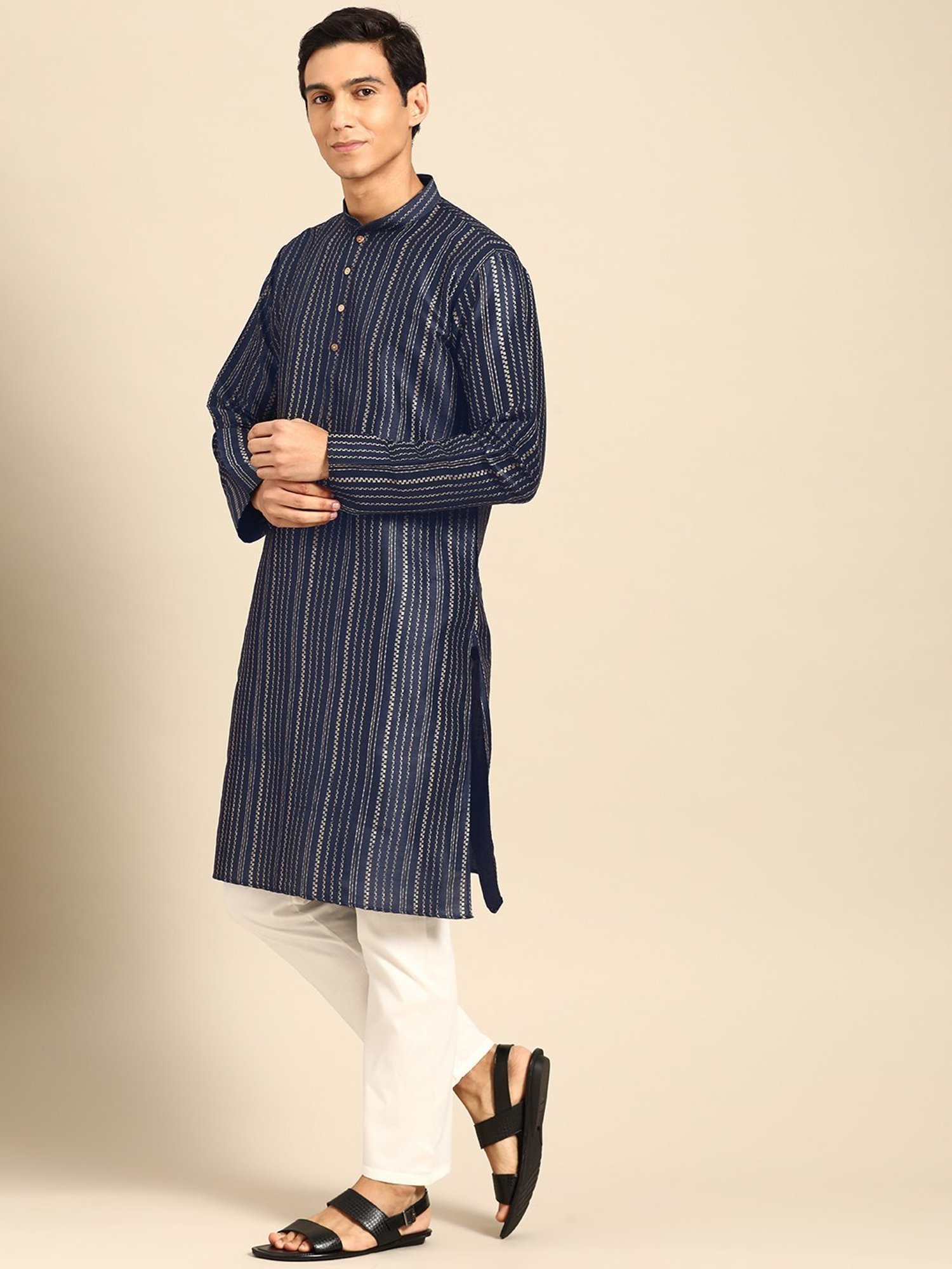 ManQ Navy & White Regular Fit Printed Kurta Bottom Set