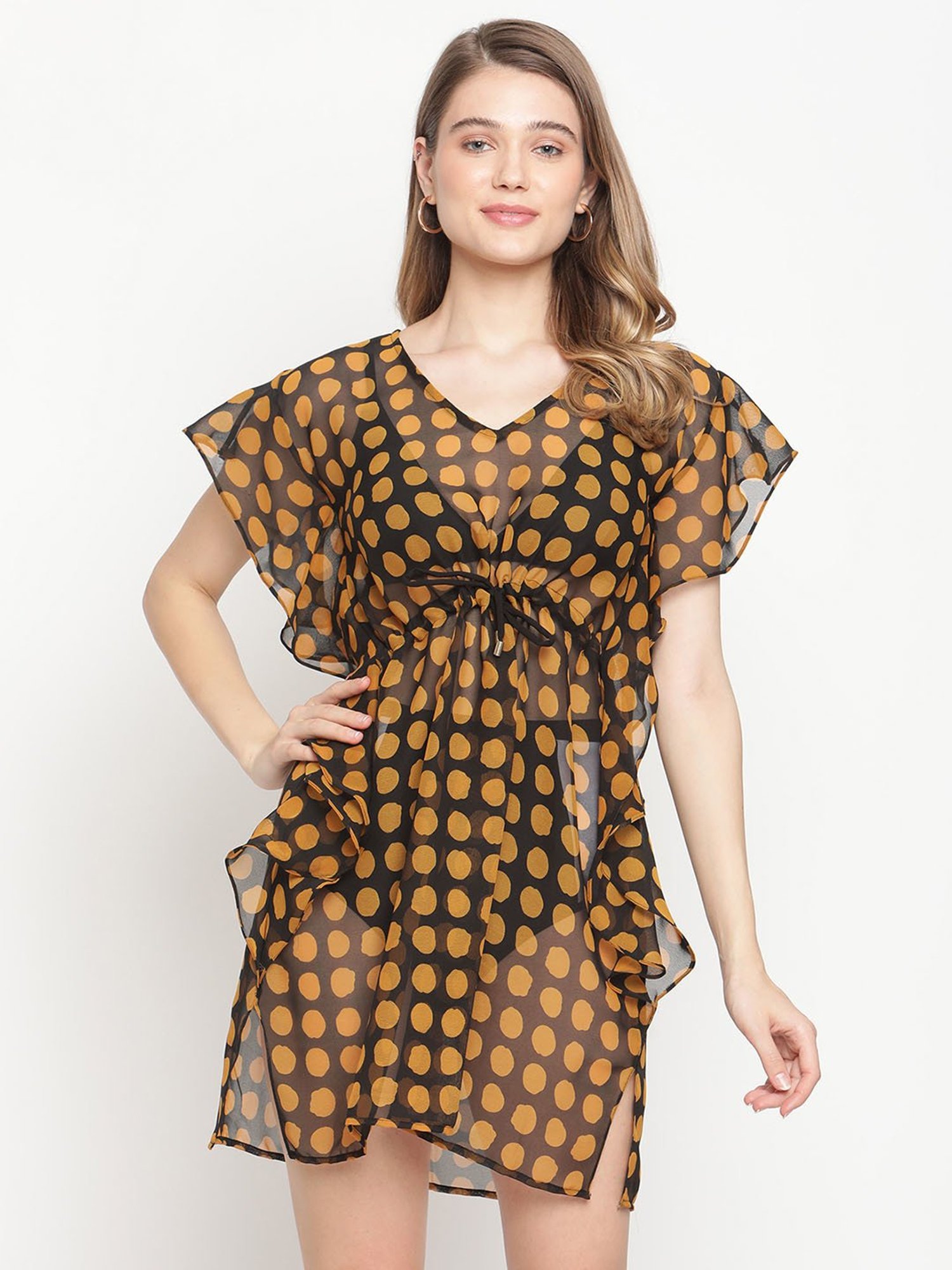 Erotissch Brown & Black Printed Beachwear Kaftan Top