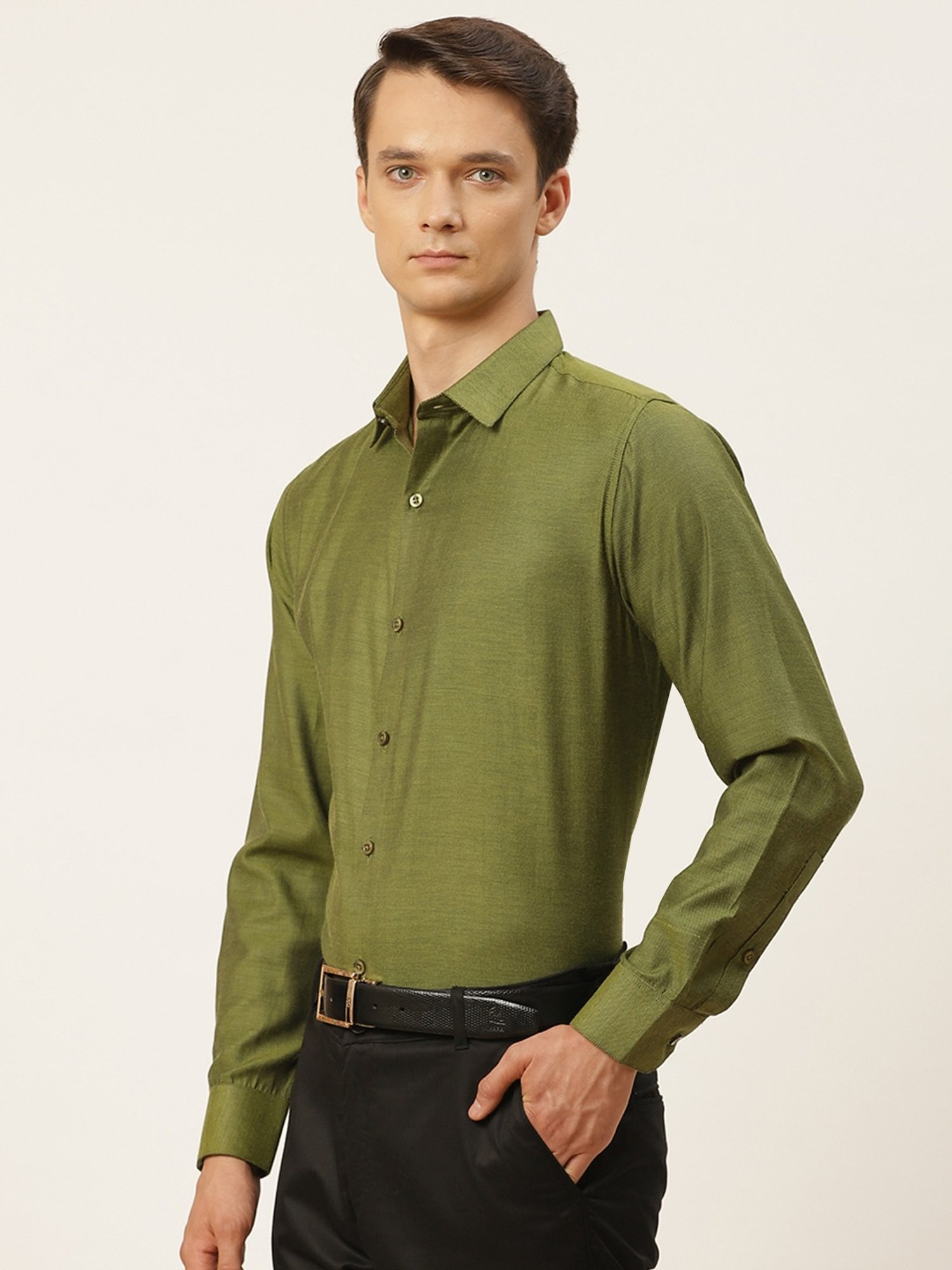 Sojanya Green Cotton Regular Fit Self Pattern Shirt