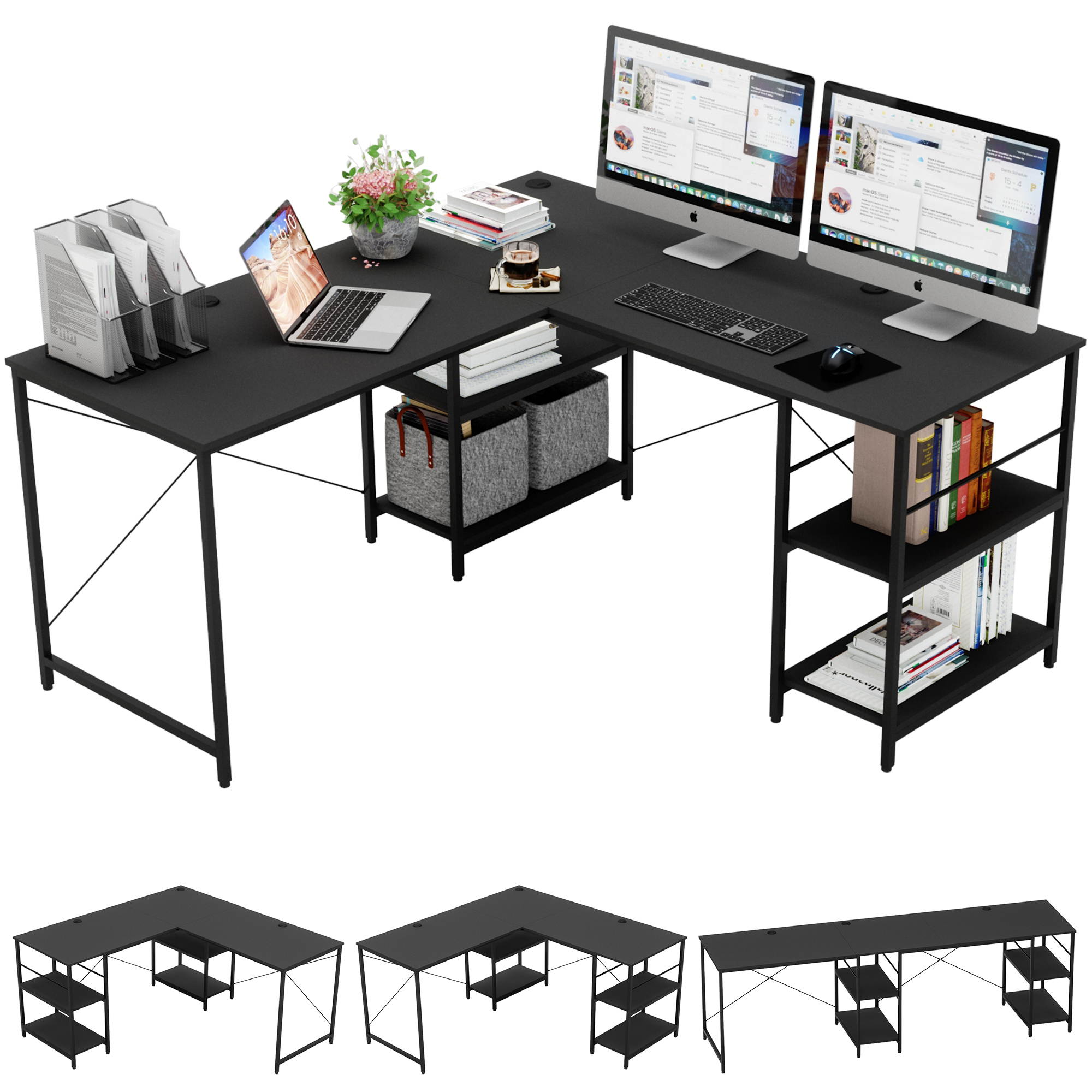 Bestier L Shaped Desk with Shelves 95.2 Inch Reversible Corner Computer Desk or 2 Person Long Table for Home Office Large Gaming Writing Storage Workstation P2 Board with 3 Cable Holes, Grey Oak