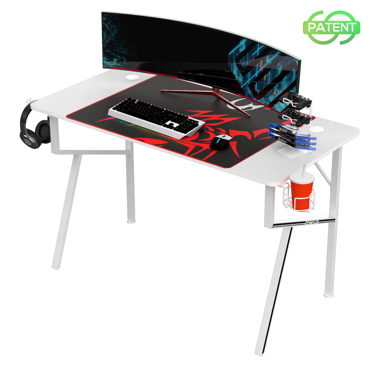 Eureka Gaming&reg; Captain K Series 47'' E-sport Desk, Home Office Gaming Computer Desk, K Shaped Gamer Workstation with Free Controller Stand, Cup Holder, Headphone Hook & Mousepad, White