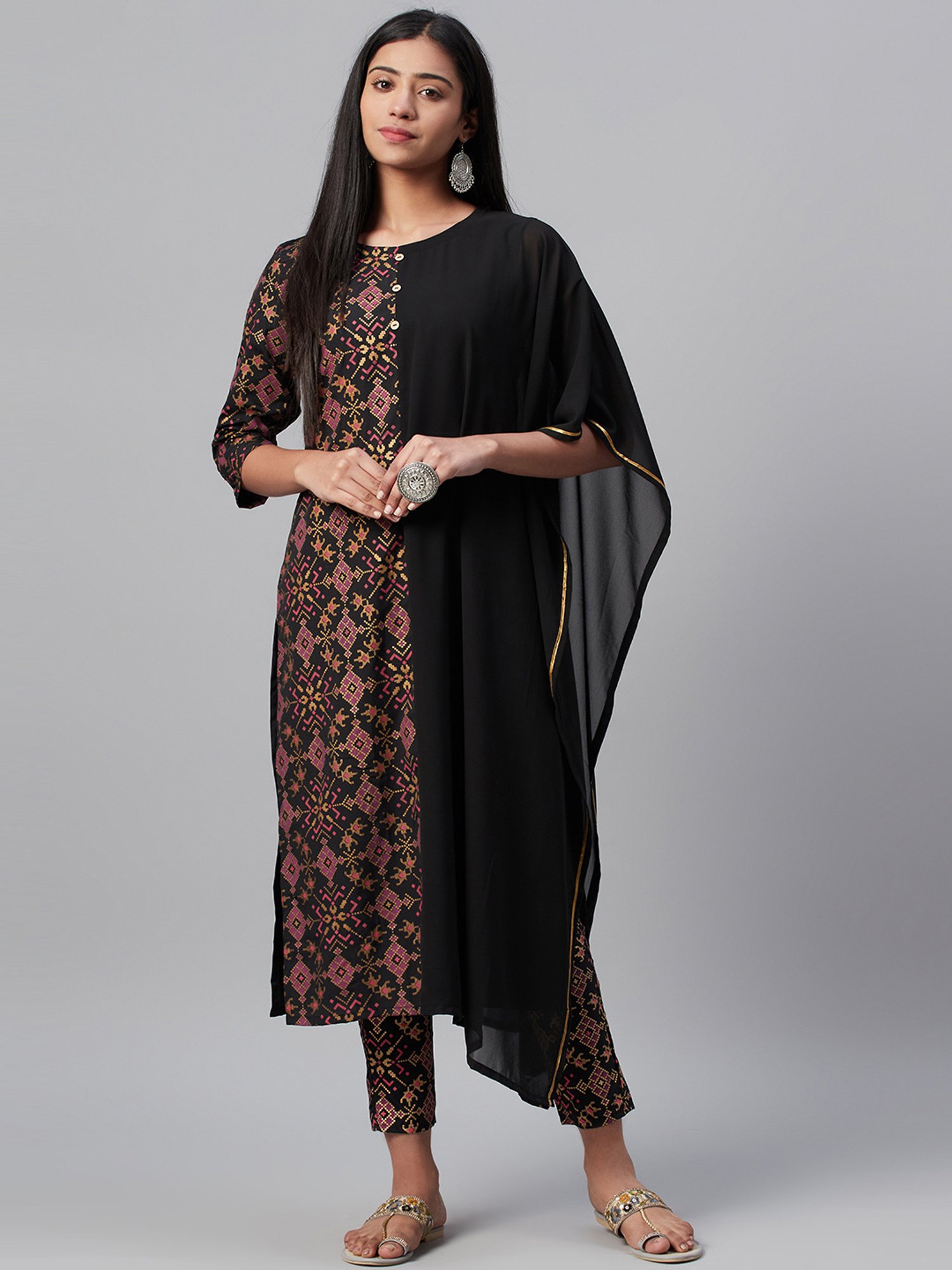 Ziyaa Black Printed Kurta Pant Set With Dupatta