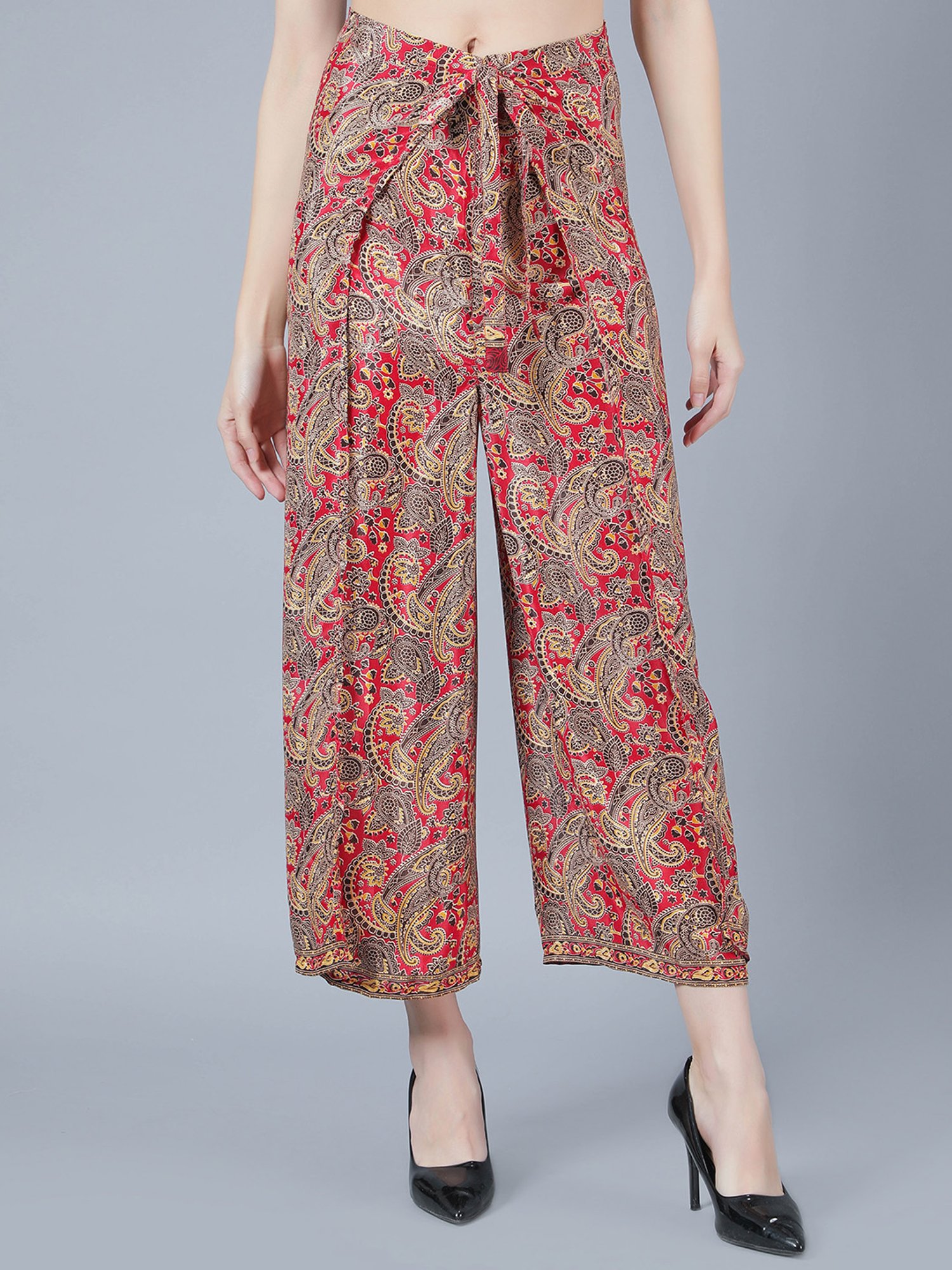Aditi Wasan Red Printed Relaxed Fit Mid Rise Trousers