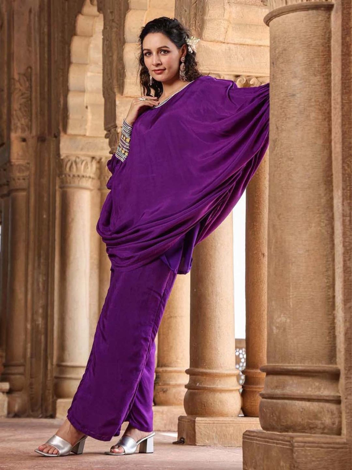 SCAKHI Purple Embellished Tunic Pant Set With Camisole