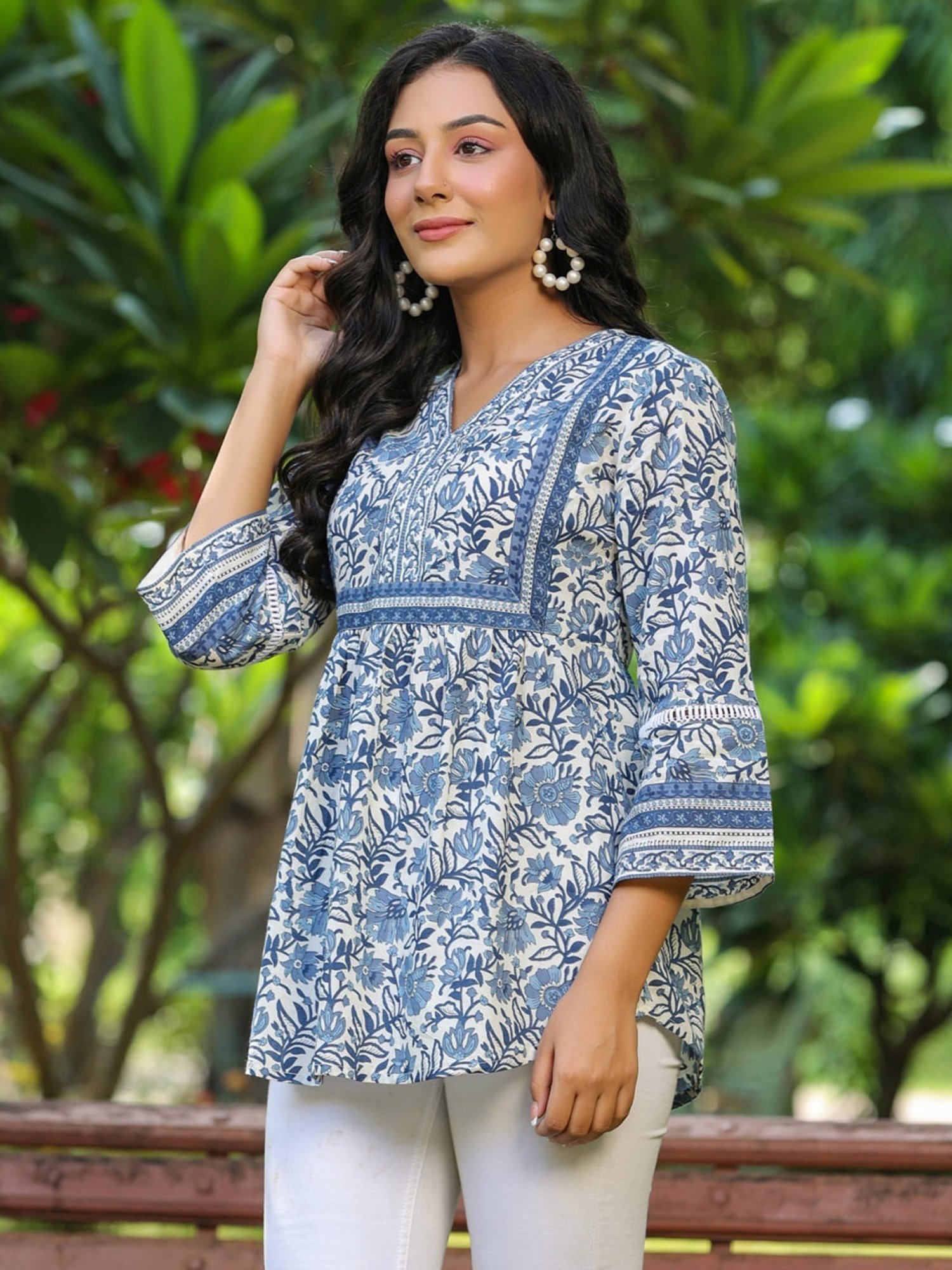 Rain and Rainbow Blue Cotton Floral Print Top