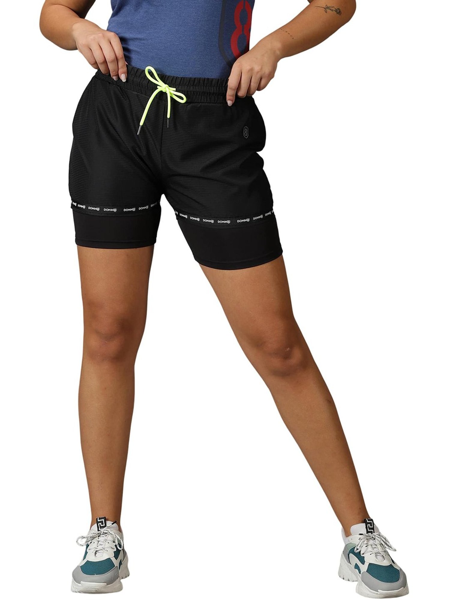 Domin8 Women Double Layered Solid Training Shorts With Drawstring Waist