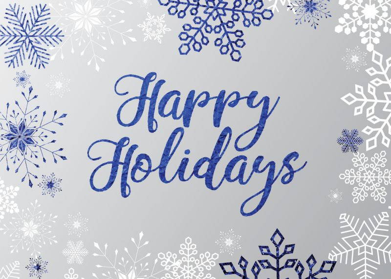 Holiday Foil Printed Greeting Cards - H1709. Greeting Card Accented by Blue Snowflakes and Happy Holidays in Blue Foil. Box Set Has 25 Greeting Cards and 26 Silver Foil Lined Envelopes.