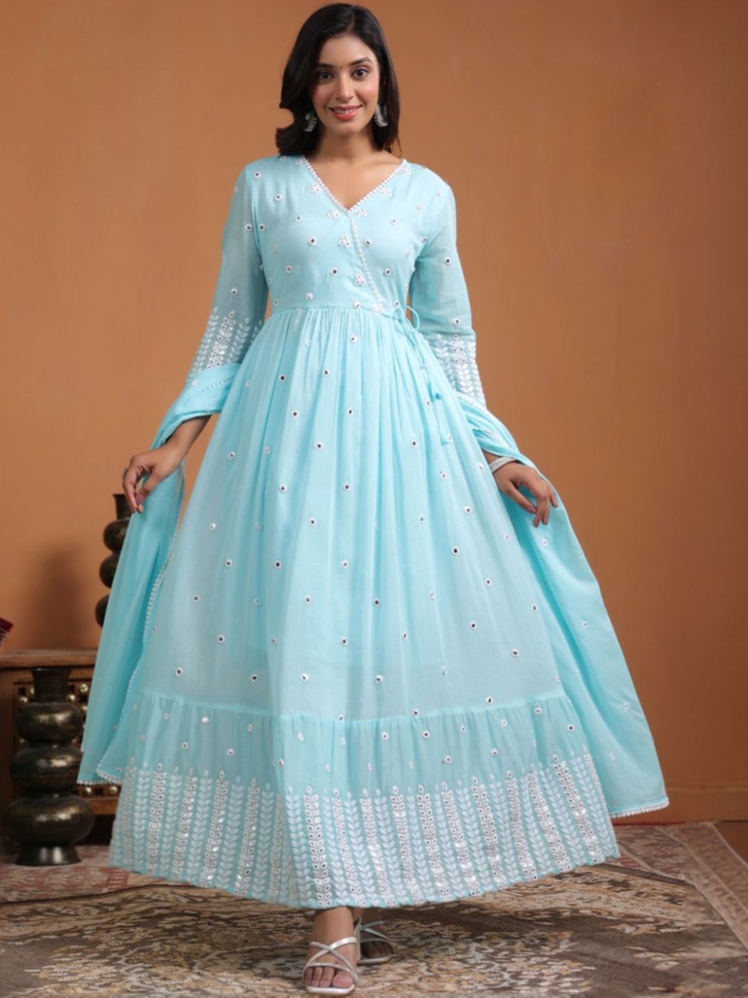 SCAKHI Aqua Blue Mulmul Foilage Mirror Embroidered Angrakha Kurta With Pants And Dupatta