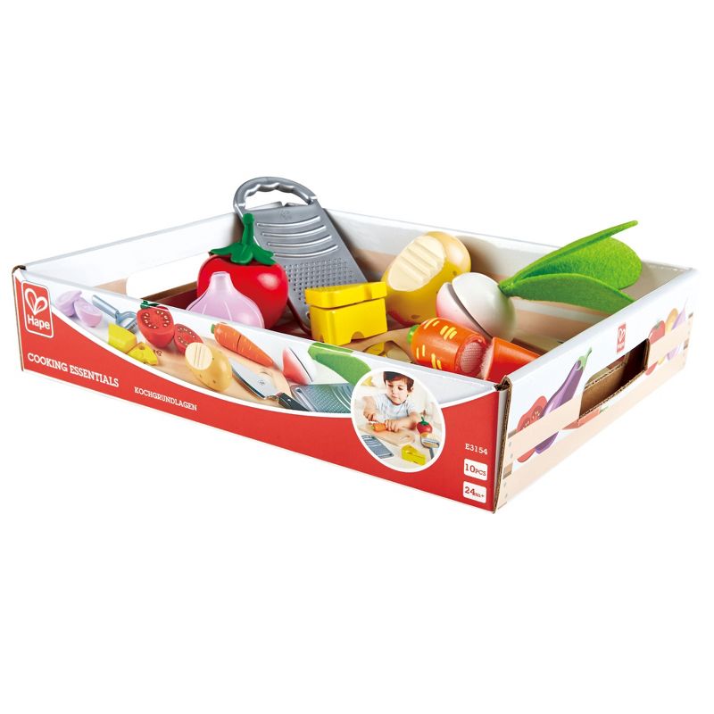 Hape E3154 Cooking Essentials Kids Wooden Pretend Kitchen Play Food Toys and Accessories Set with Vegetables, Cheese, Knife, Peeler, and Grater
